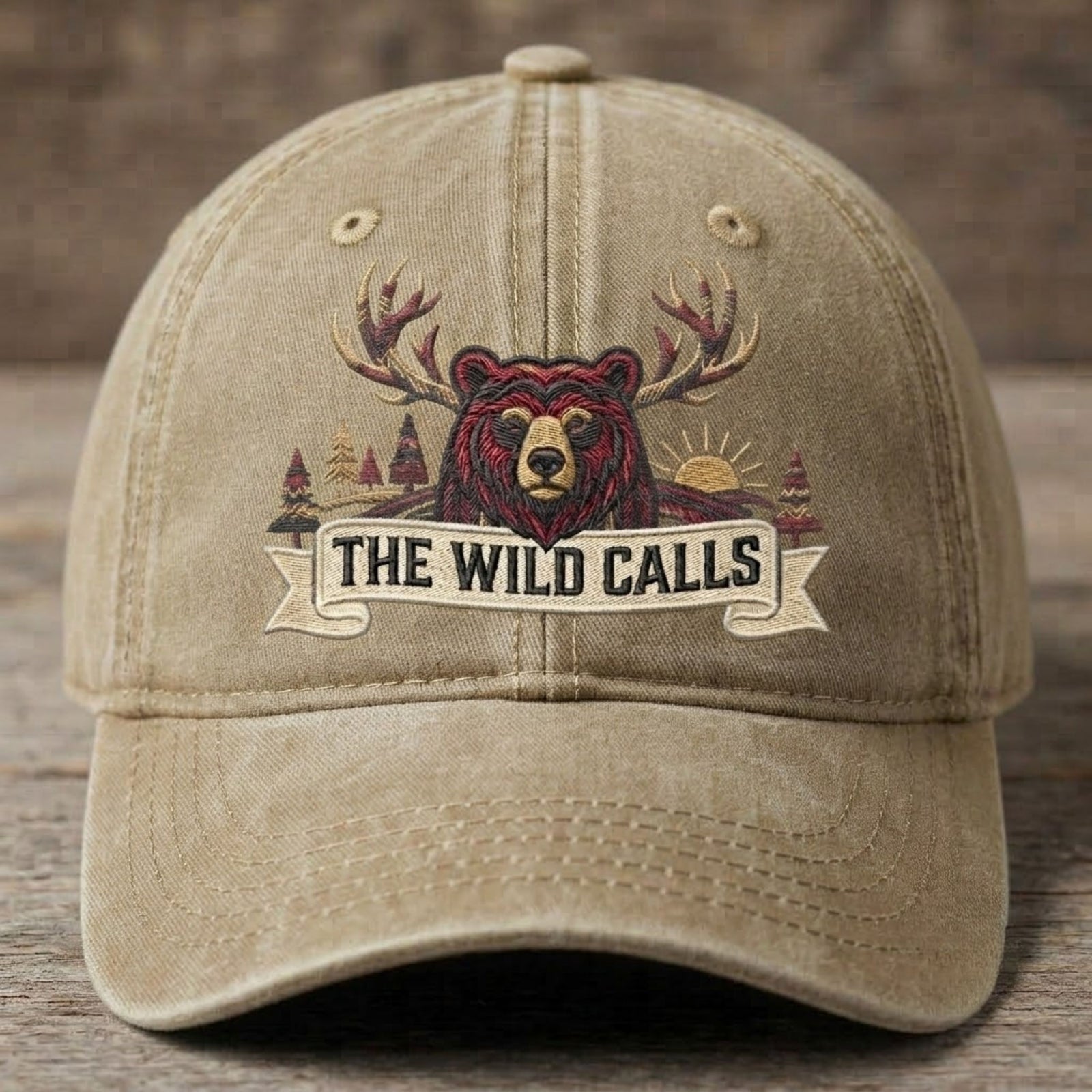 Vintage Wild Calls Embroidered Baseball Cap - Navy Blue Bear & Forest Graphic Hat