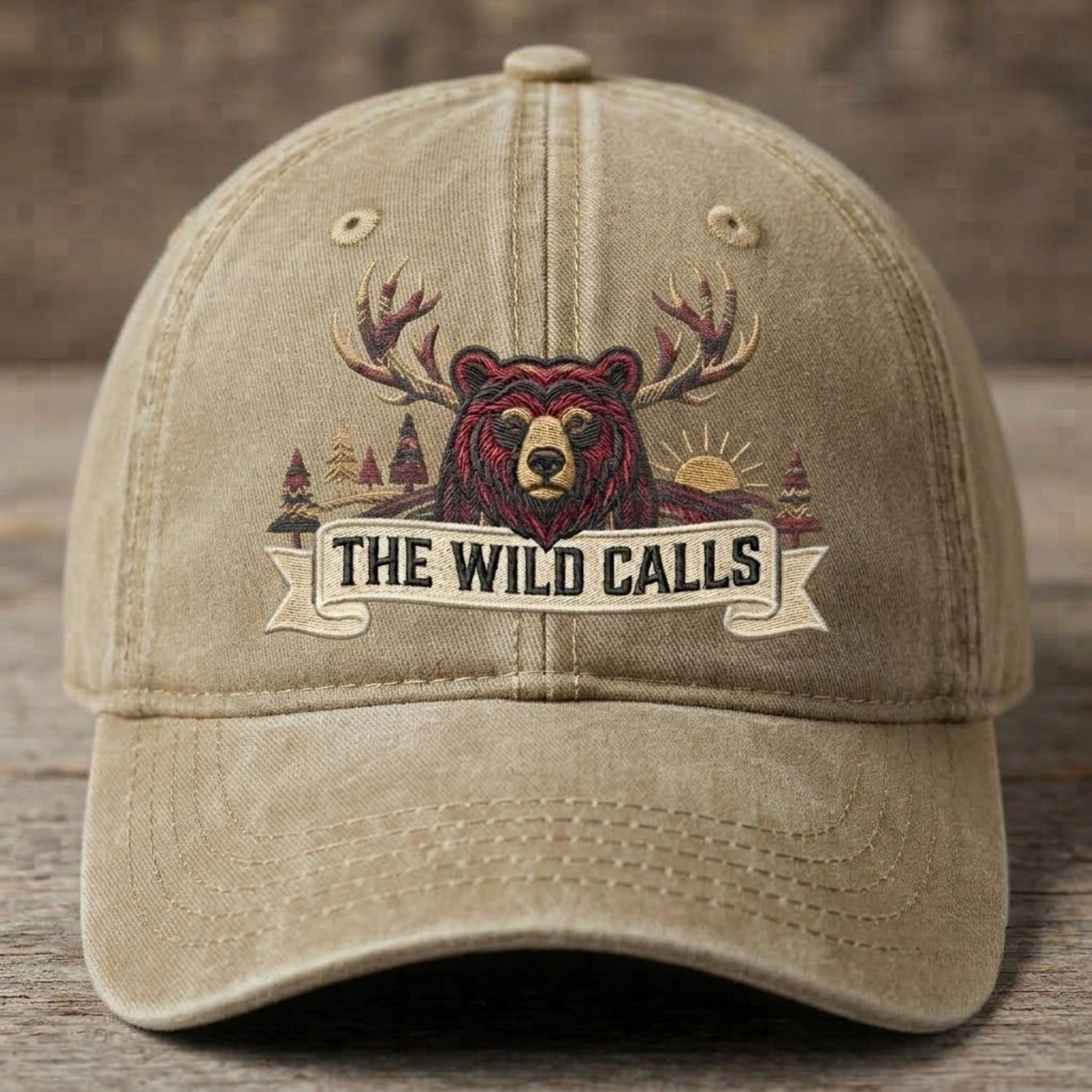 Vintage Wild Calls Embroidered Baseball Cap - Navy Blue Bear & Forest Graphic Hat