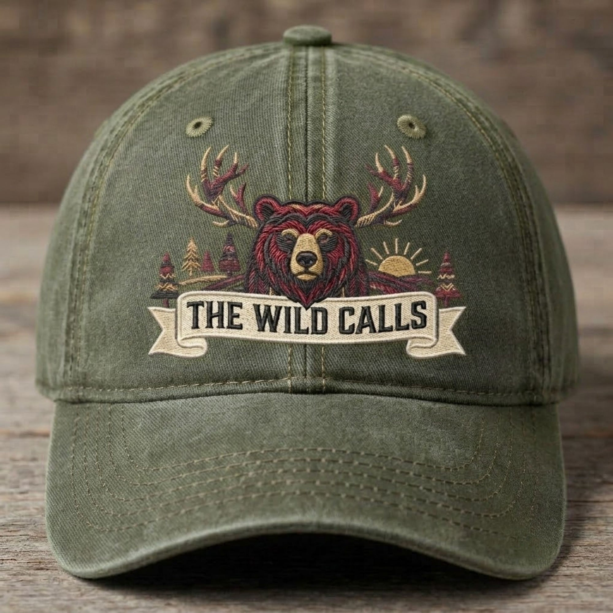 Vintage Wild Calls Embroidered Baseball Cap - Navy Blue Bear & Forest Graphic Hat