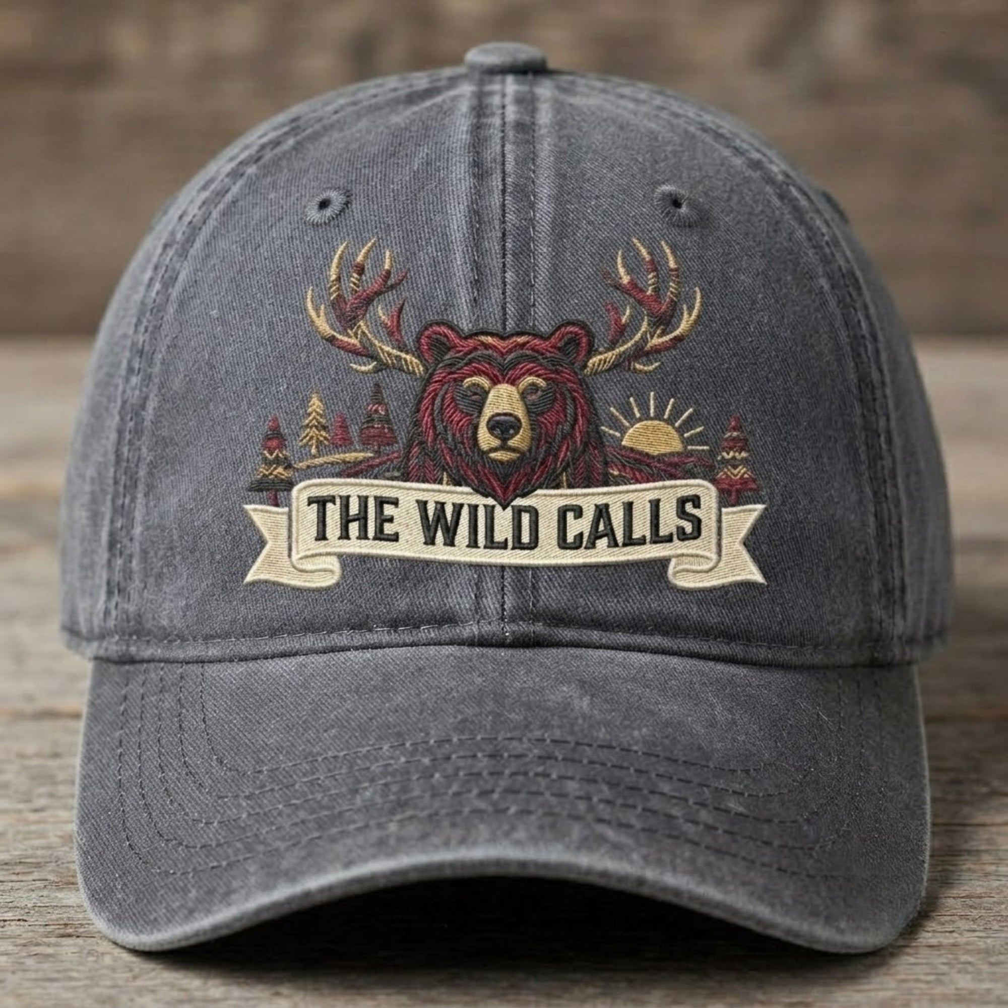 Vintage Wild Calls Embroidered Baseball Cap - Navy Blue Bear & Forest Graphic Hat