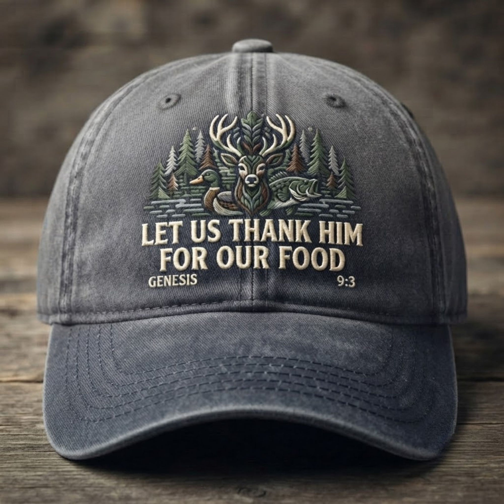 Christian Wildlife Embroidered Baseball Cap - "Let Us Thank Him For Our Food" Faith & Outdoor Hat