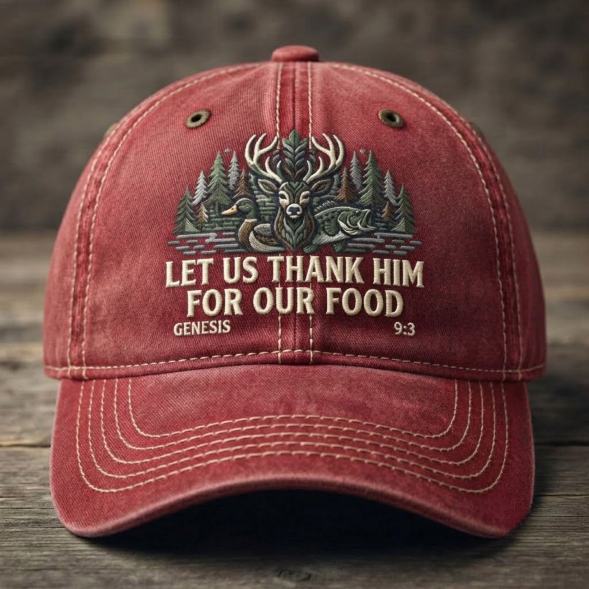 Christian Wildlife Embroidered Baseball Cap - "Let Us Thank Him For Our Food" Faith & Outdoor Hat