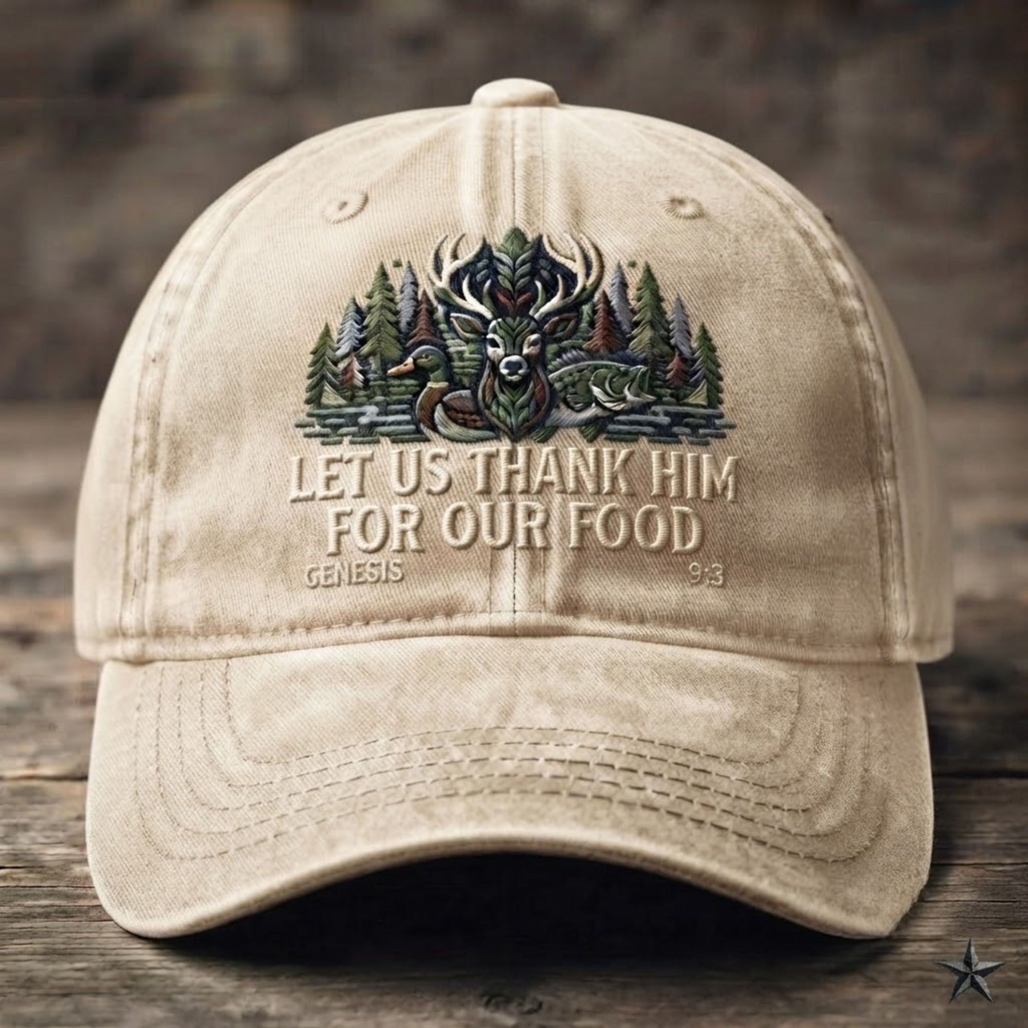 Christian Wildlife Embroidered Baseball Cap - "Let Us Thank Him For Our Food" Faith & Outdoor Hat
