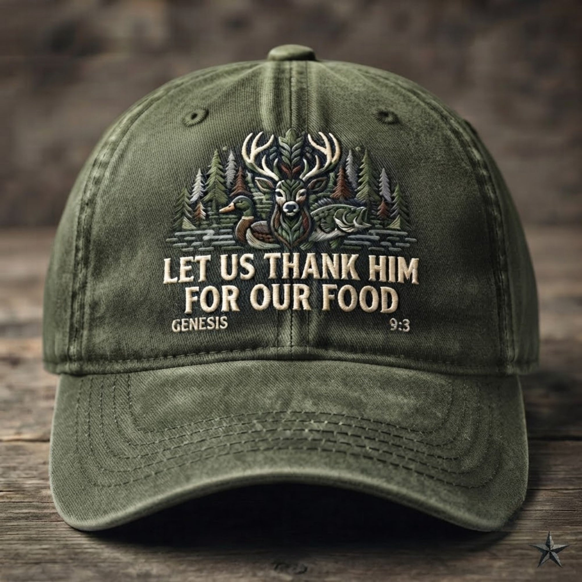 Christian Wildlife Embroidered Baseball Cap - "Let Us Thank Him For Our Food" Faith & Outdoor Hat