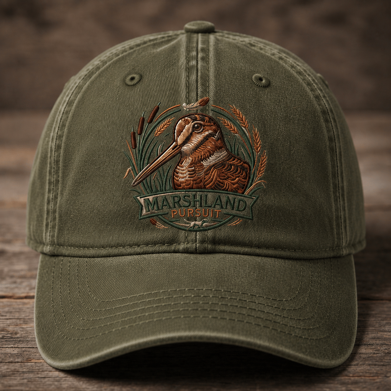 Marshland Pursuit Embroidered Baseball Cap - Vintage Waterfowl Hunting Outdoor Hat