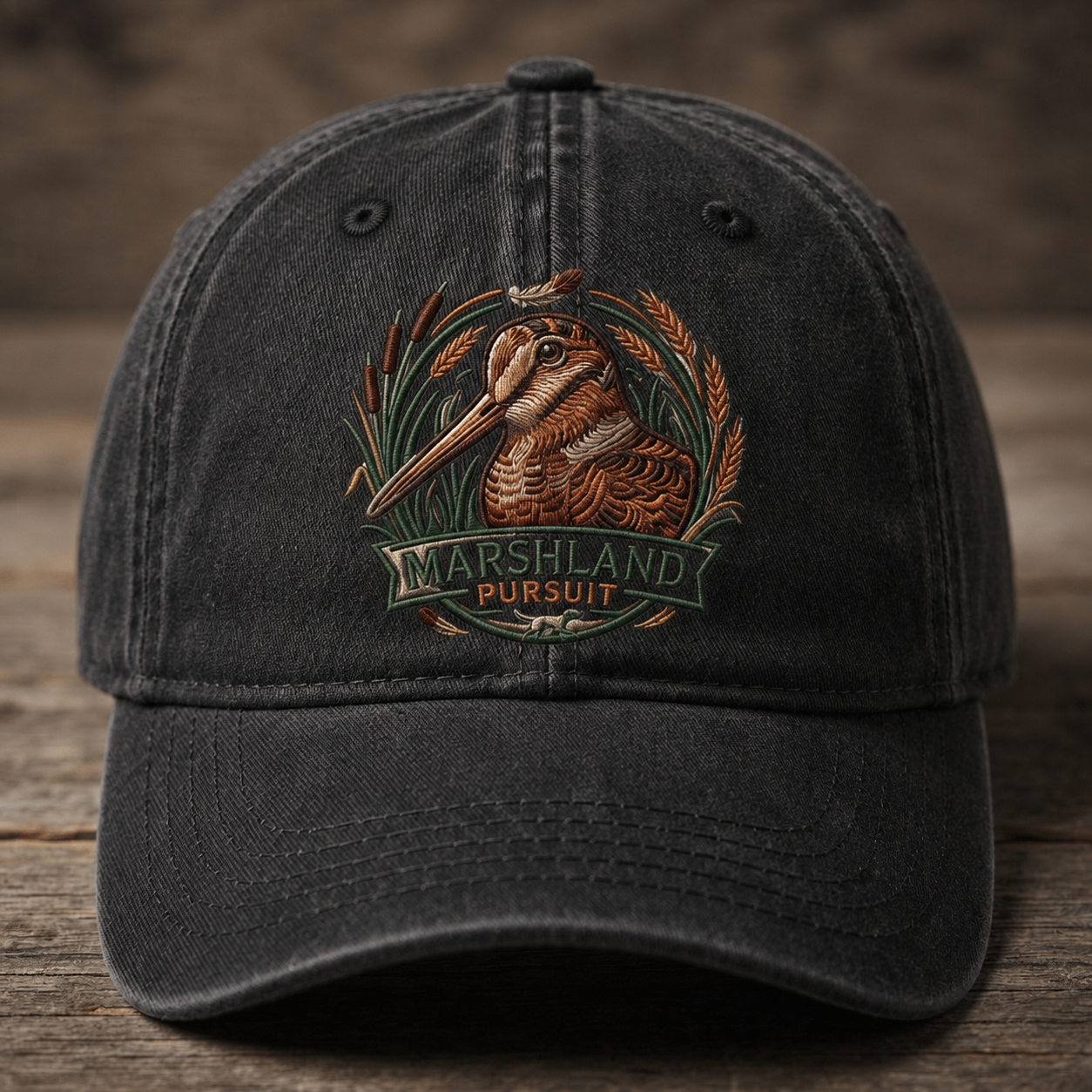 Marshland Pursuit Embroidered Baseball Cap - Vintage Waterfowl Hunting Outdoor Hat