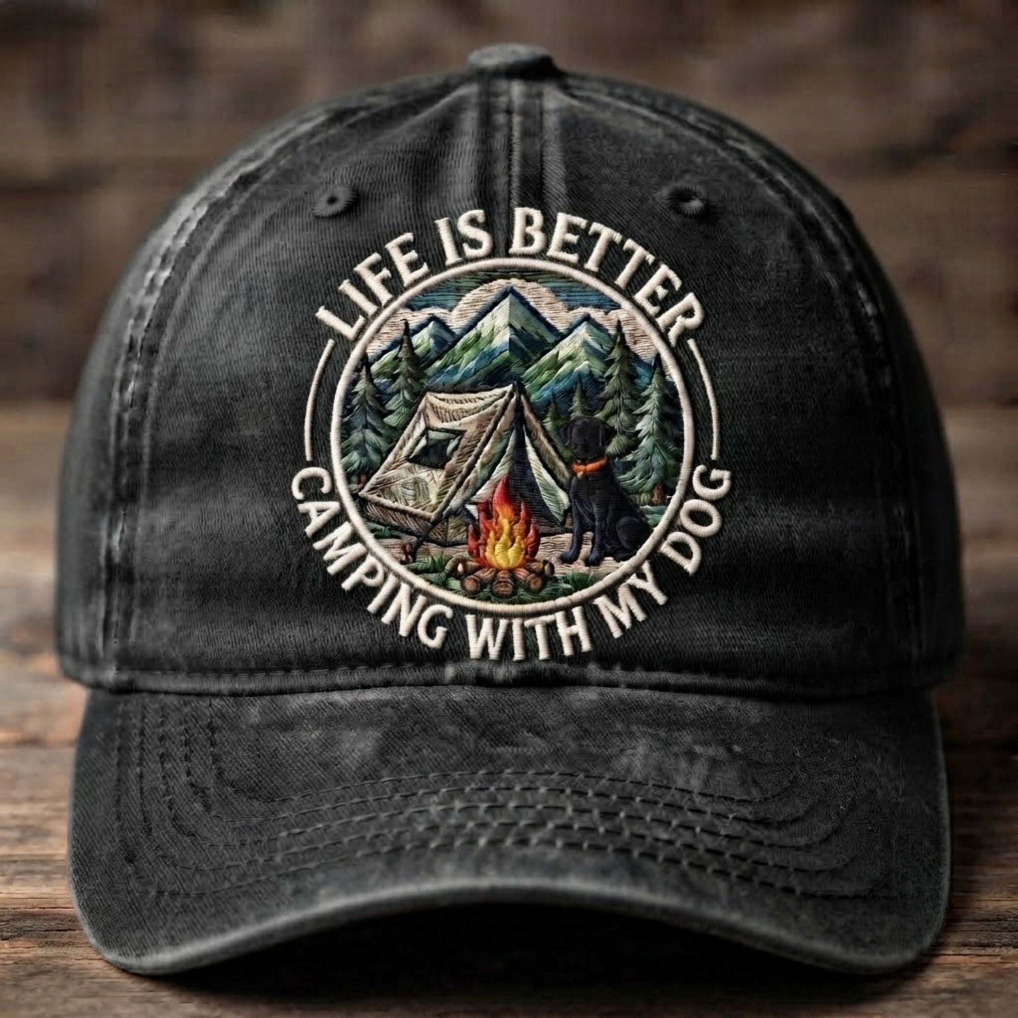 Life Is Better Camping With My Dog Embroidered Baseball Cap - Outdoor Adventure Dog Lover Hat