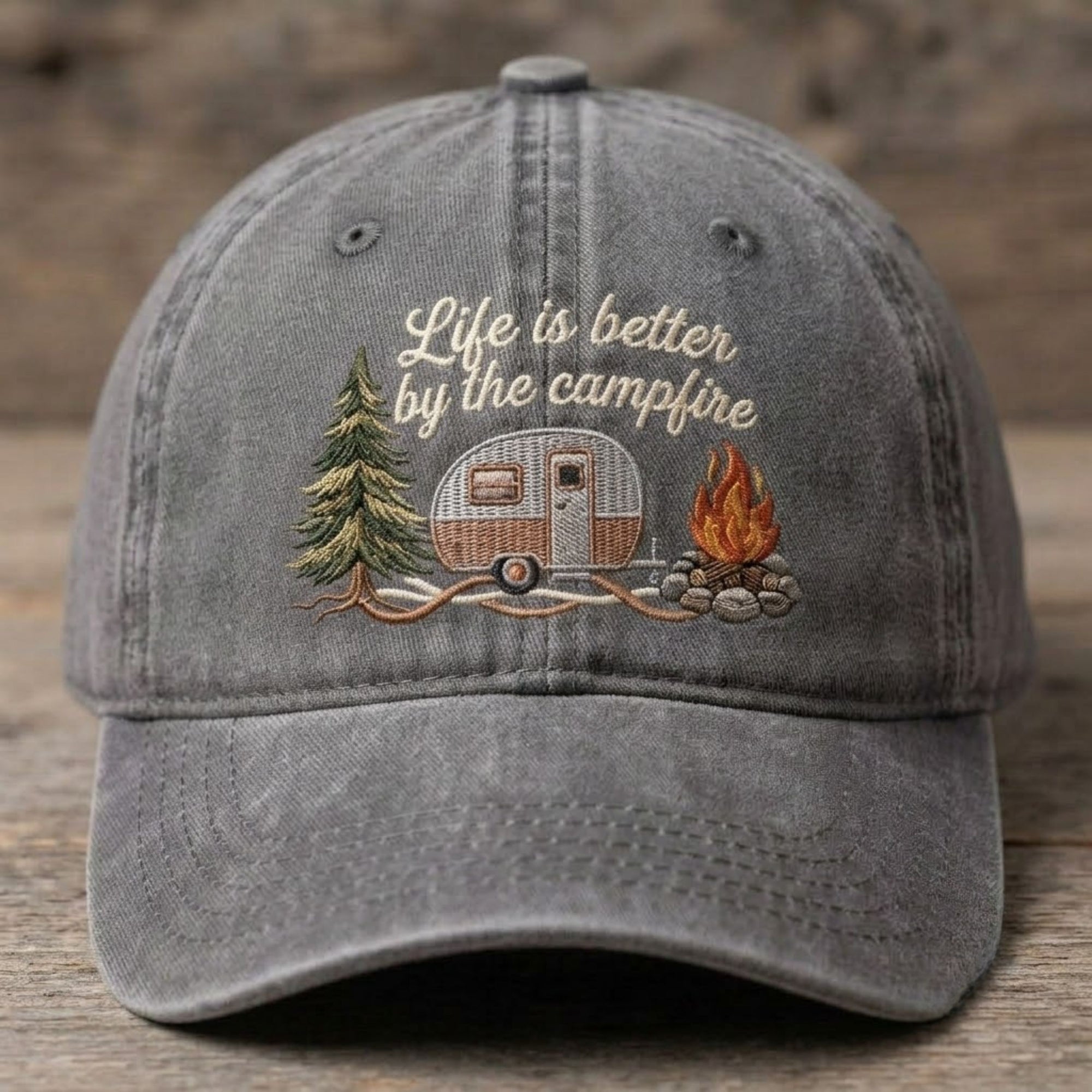 Life Is Better By The Campfire Embroidered Baseball Cap - Vintage Camping RV Outdoor Hat