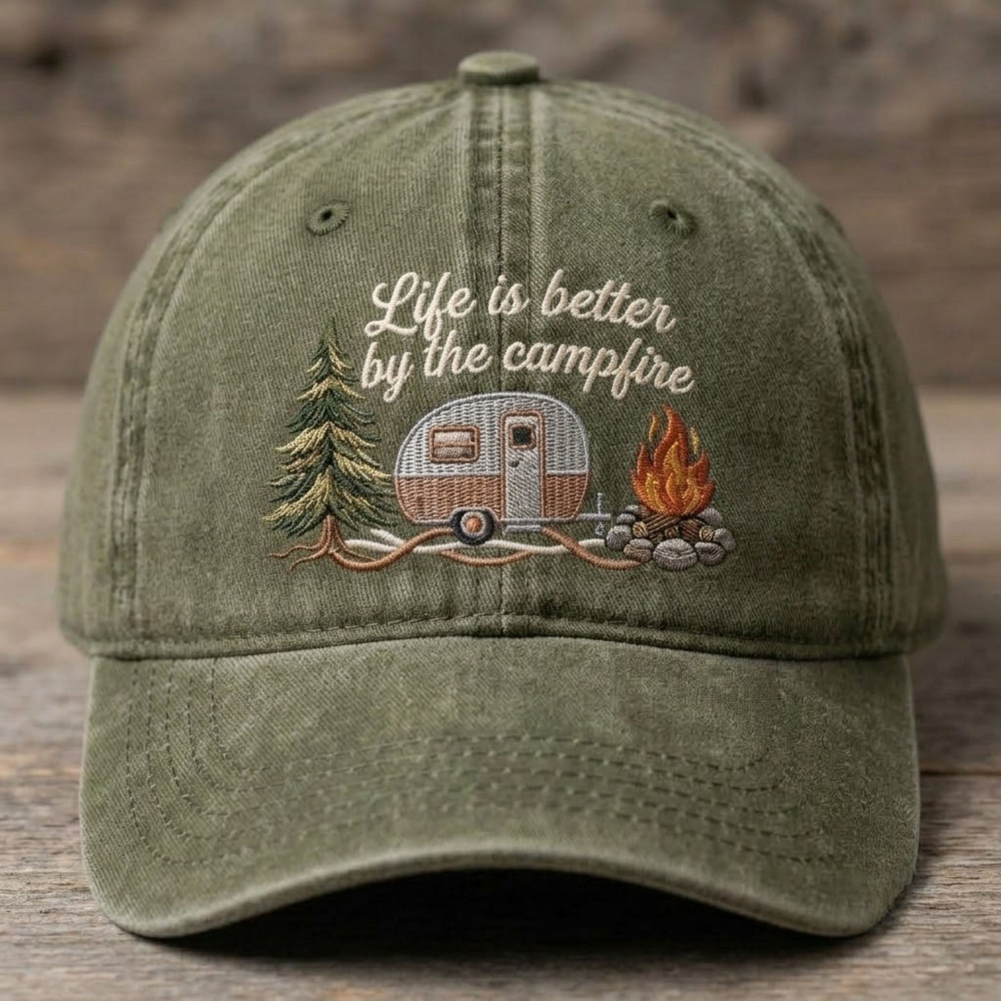 Life Is Better By The Campfire Embroidered Baseball Cap - Vintage Camping RV Outdoor Hat