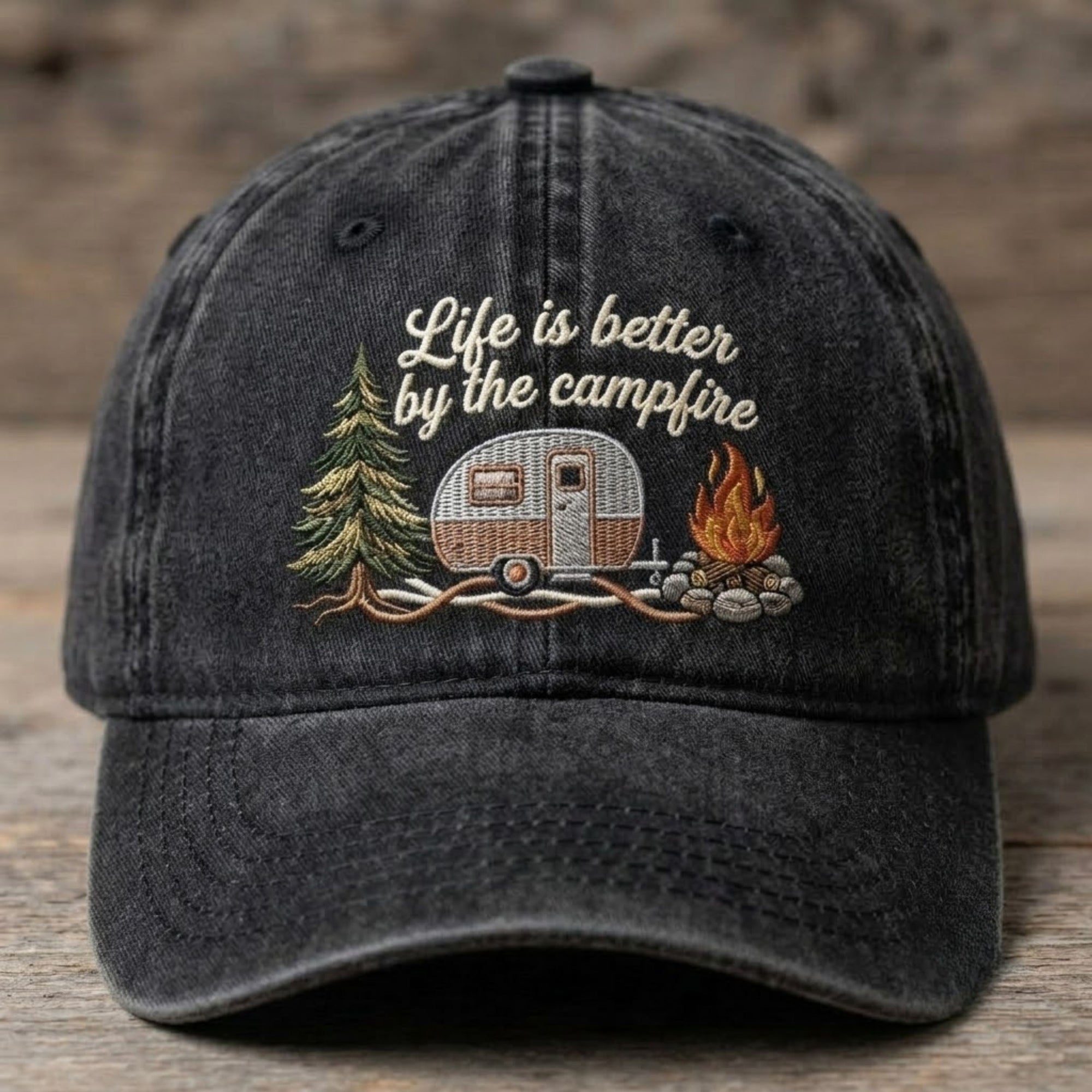 Life Is Better By The Campfire Embroidered Baseball Cap - Vintage Camping RV Outdoor Hat