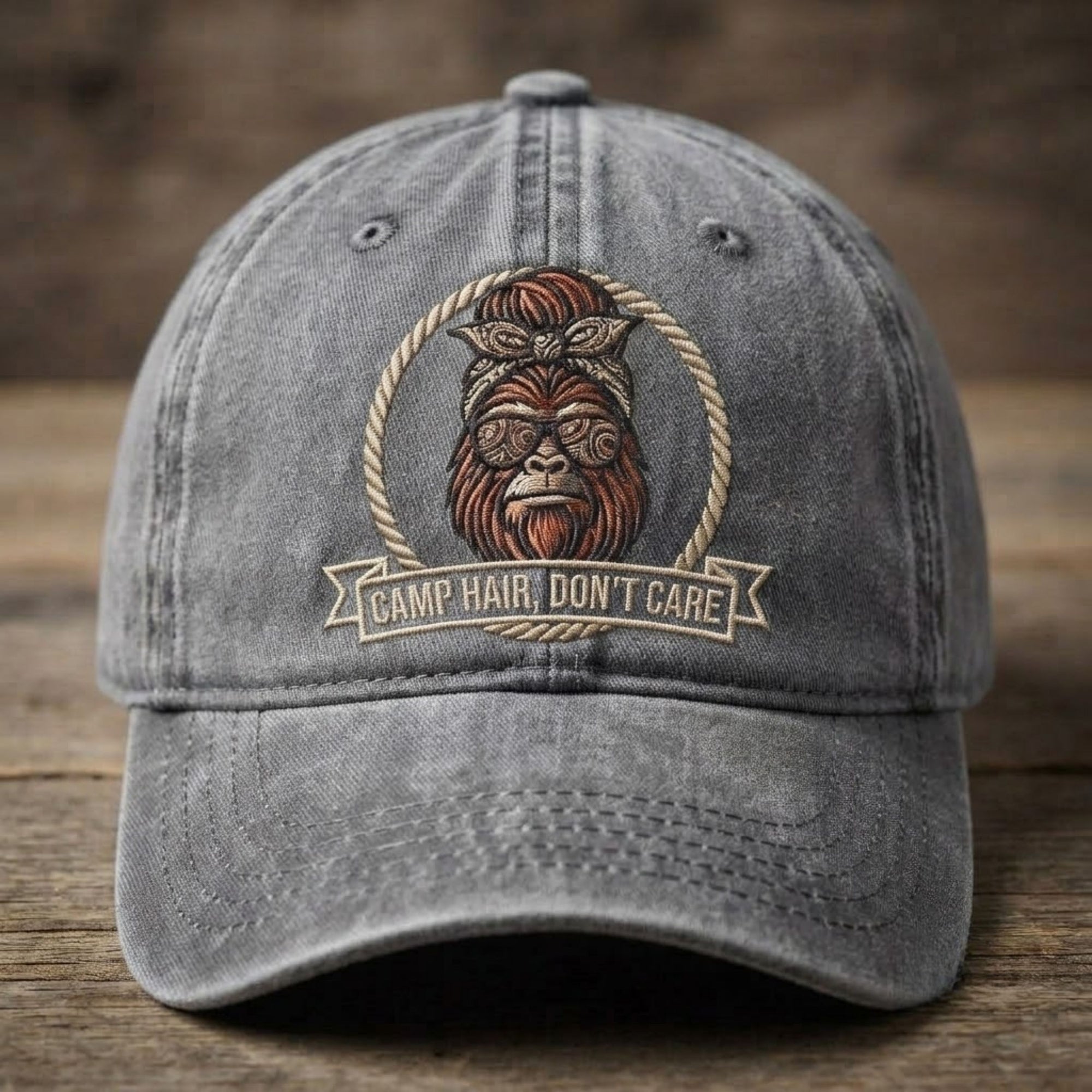 Camp Hair Don't Care Embroidered Baseball Cap - Funny Bigfoot Camping Outdoor Hat