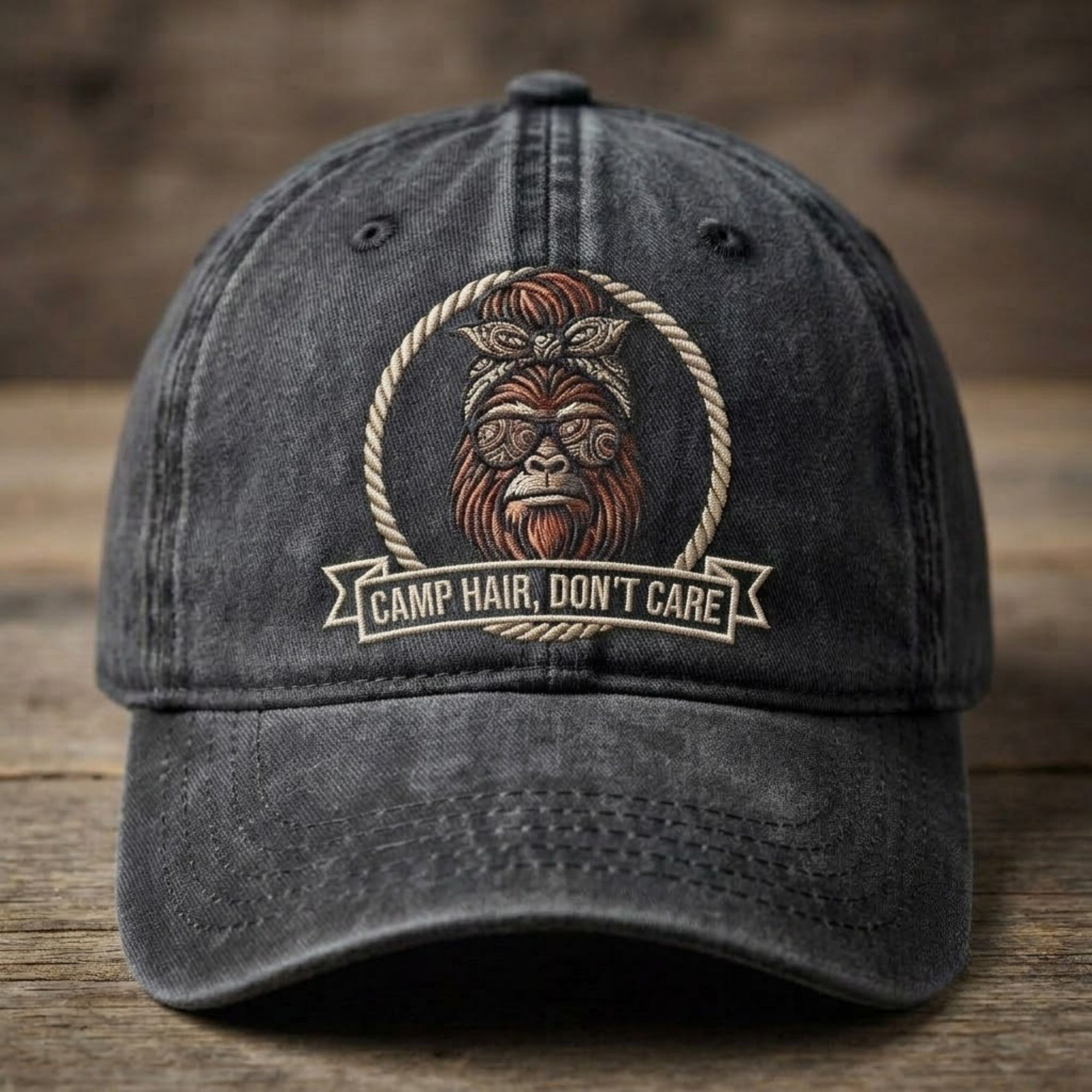Camp Hair Don't Care Embroidered Baseball Cap - Funny Bigfoot Camping Outdoor Hat