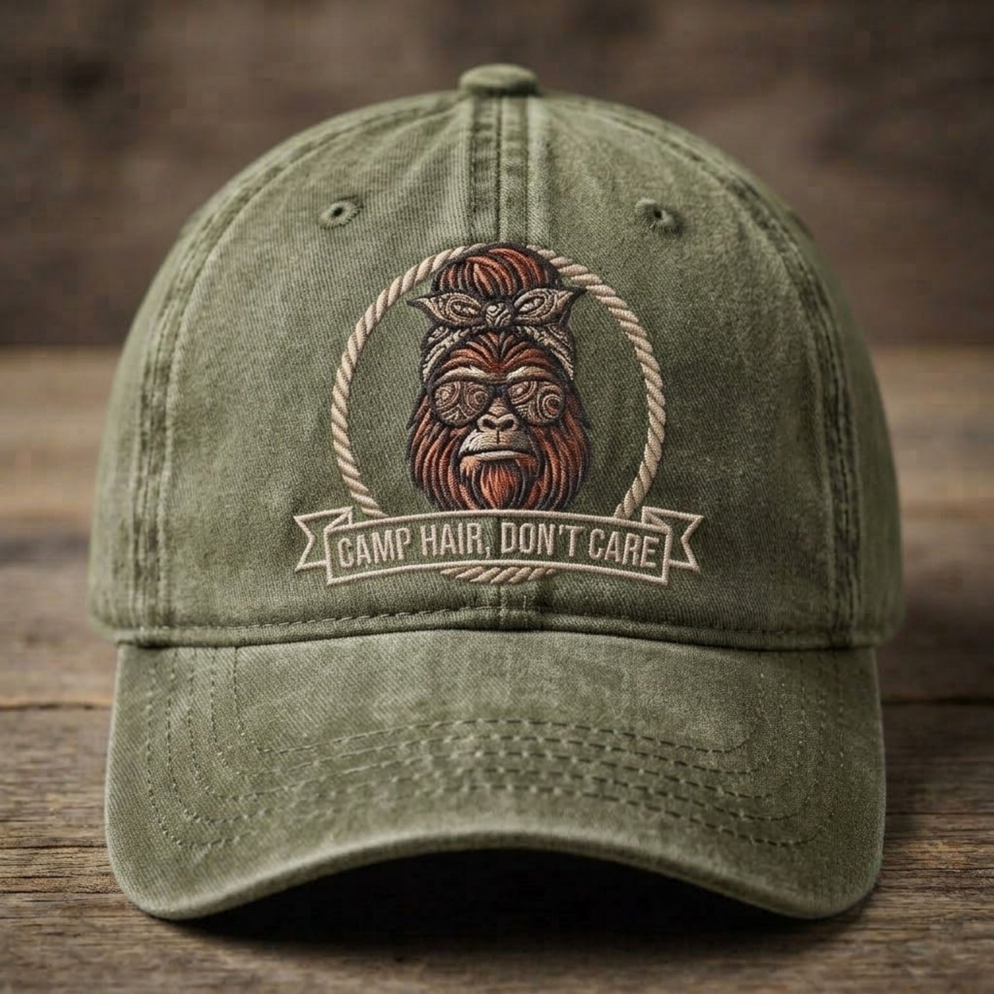 Camp Hair Don't Care Embroidered Baseball Cap - Funny Bigfoot Camping Outdoor Hat