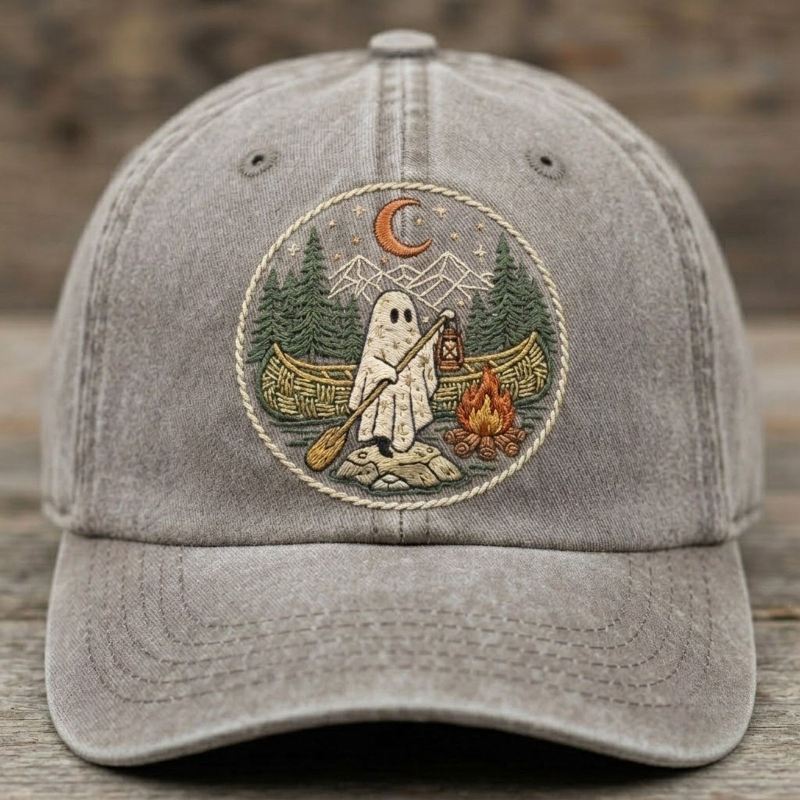 Ghost Camping Embroidered Baseball Cap - Spooky Outdoor Adventure Vintage Hat