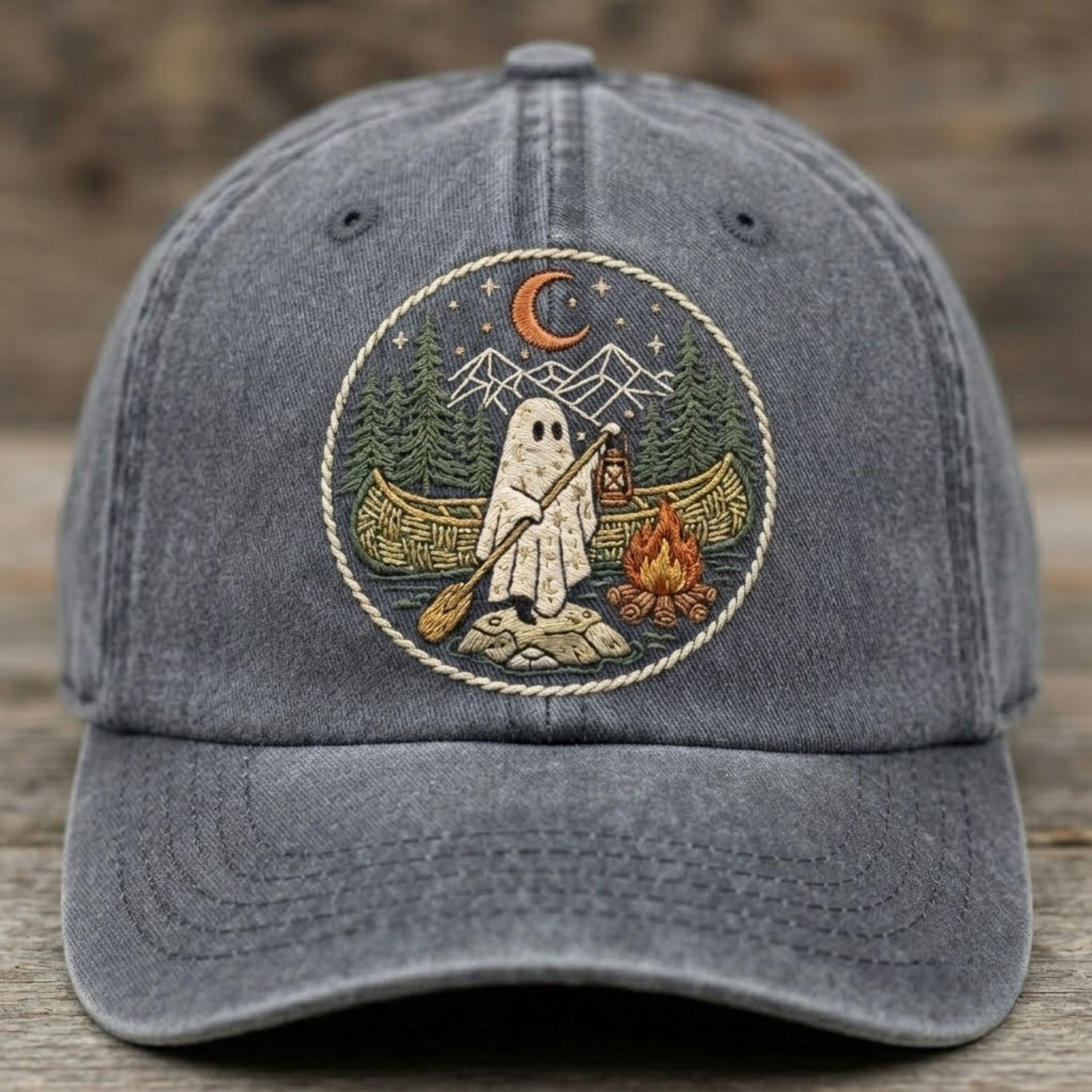 Ghost Camping Embroidered Baseball Cap - Spooky Outdoor Adventure Vintage Hat