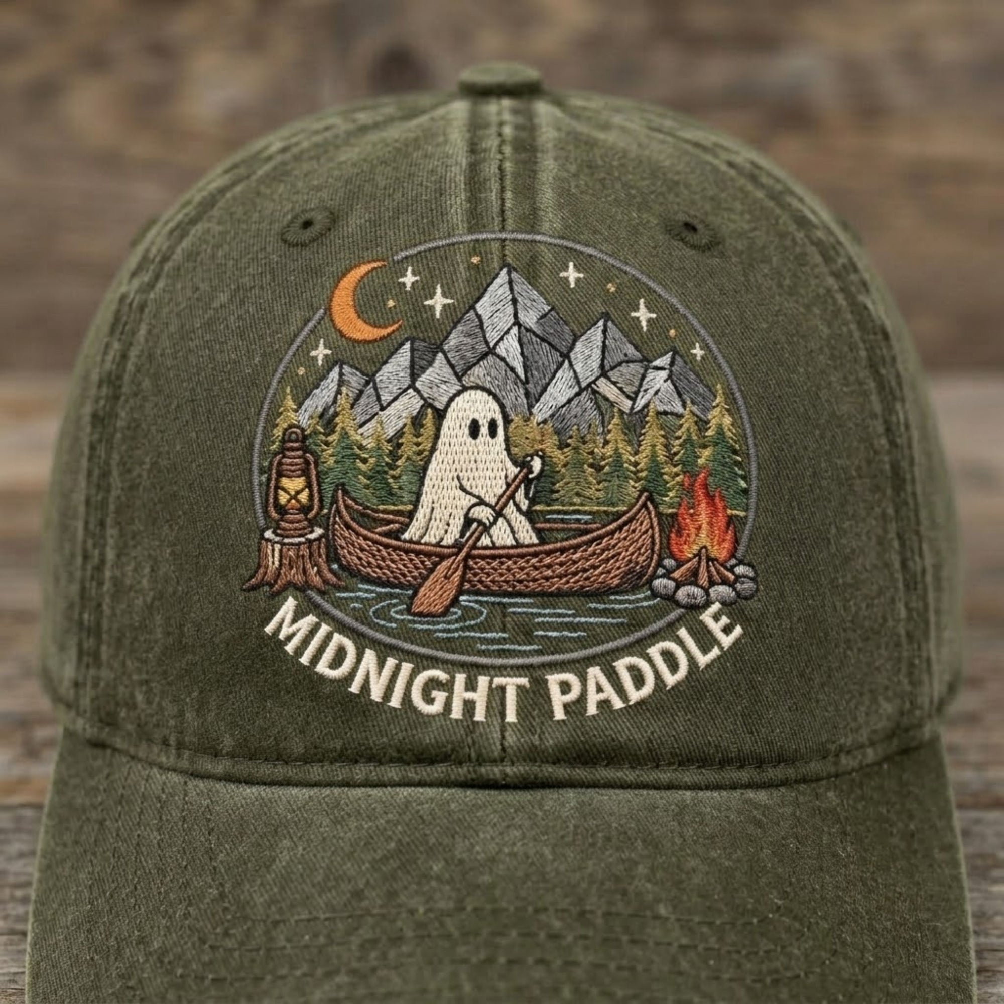 Midnight Paddle Ghost Embroidered Baseball Cap - Spooky Camping Outdoor Adventure Hat