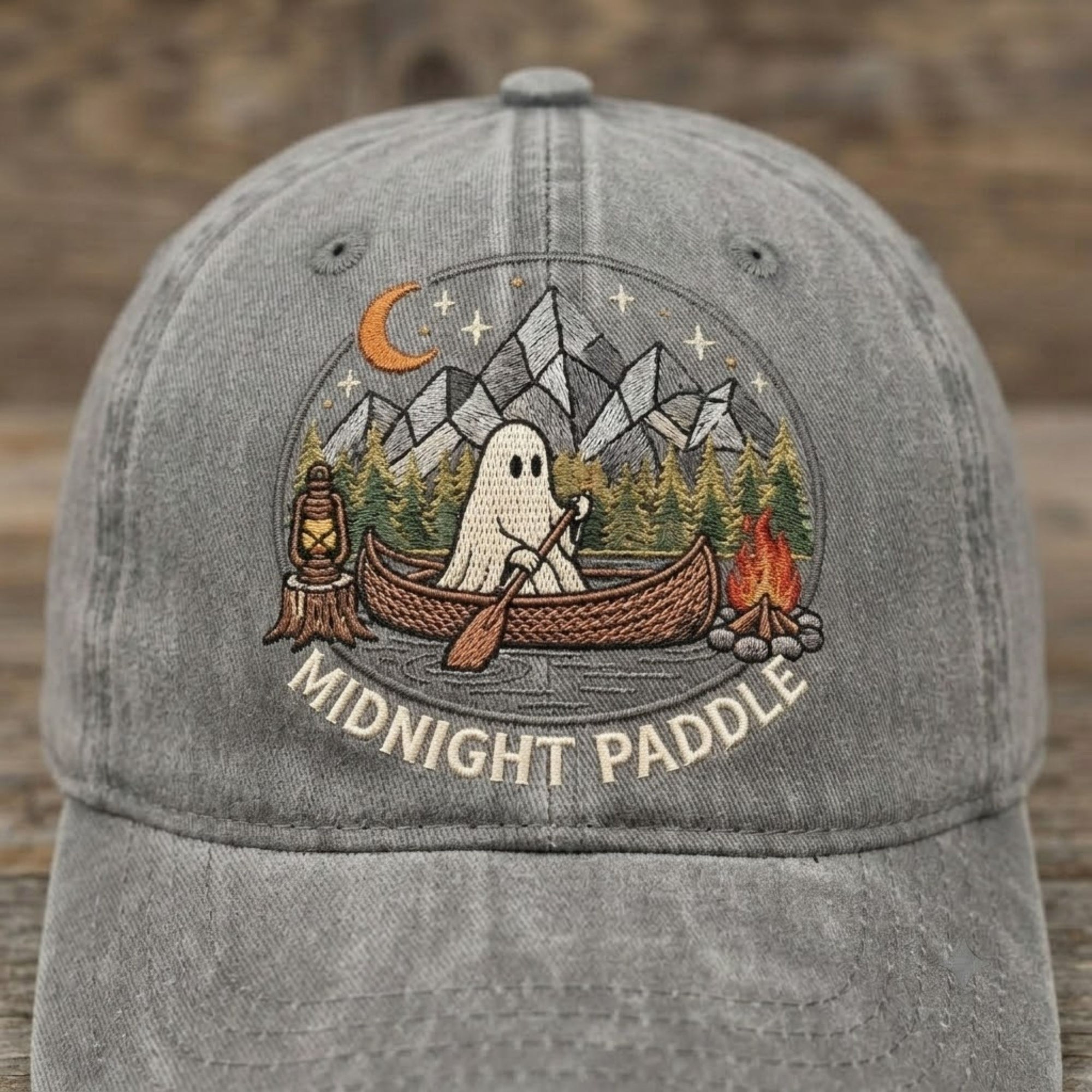 Midnight Paddle Ghost Embroidered Baseball Cap - Spooky Camping Outdoor Adventure Hat