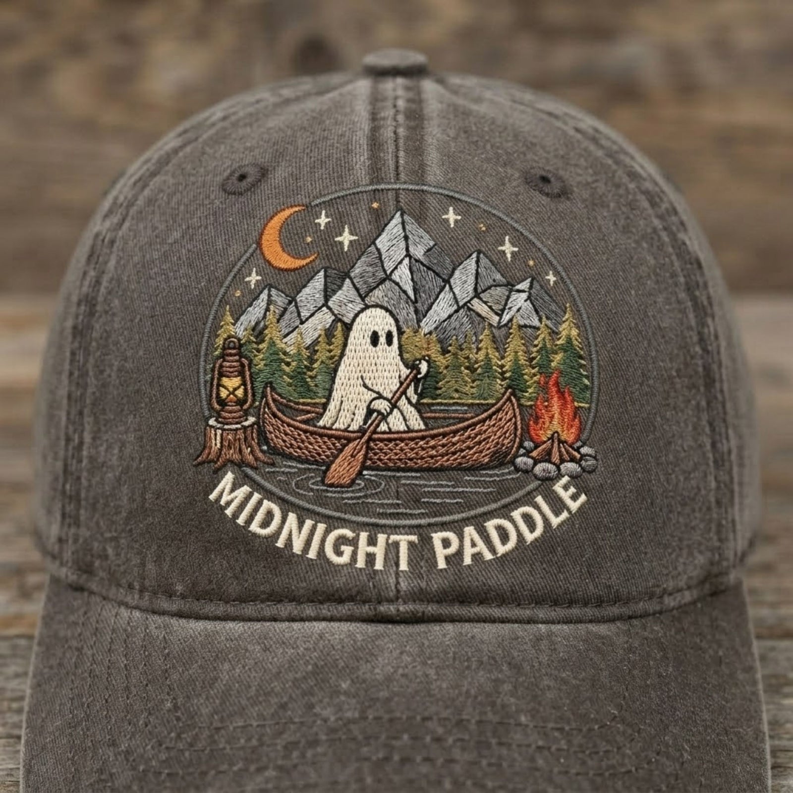Midnight Paddle Ghost Embroidered Baseball Cap - Spooky Camping Outdoor Adventure Hat