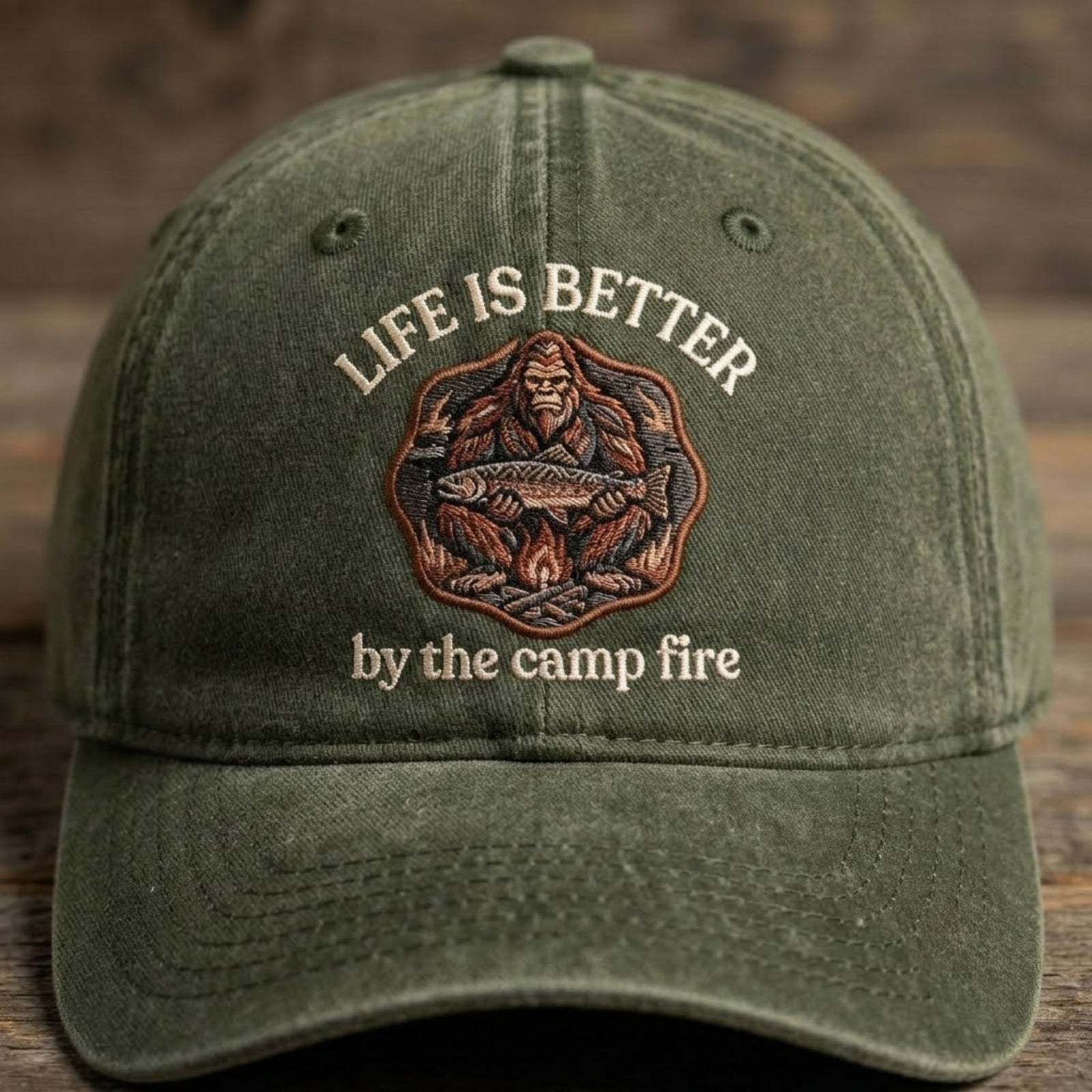 Life Is Better By The Campfire Embroidered Baseball Cap - Bigfoot Outdoor Adventure Hat