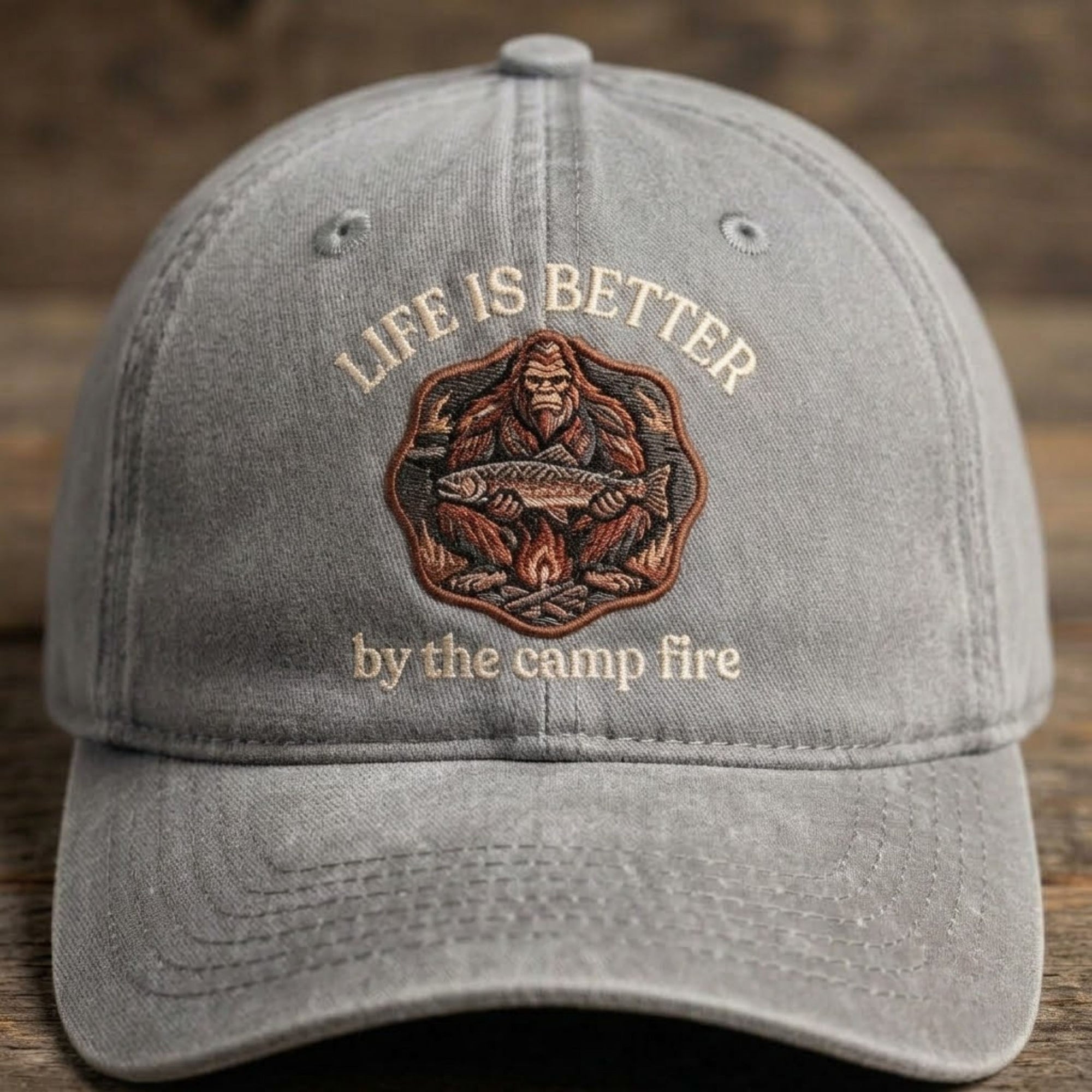 Life Is Better By The Campfire Embroidered Baseball Cap - Bigfoot Outdoor Adventure Hat