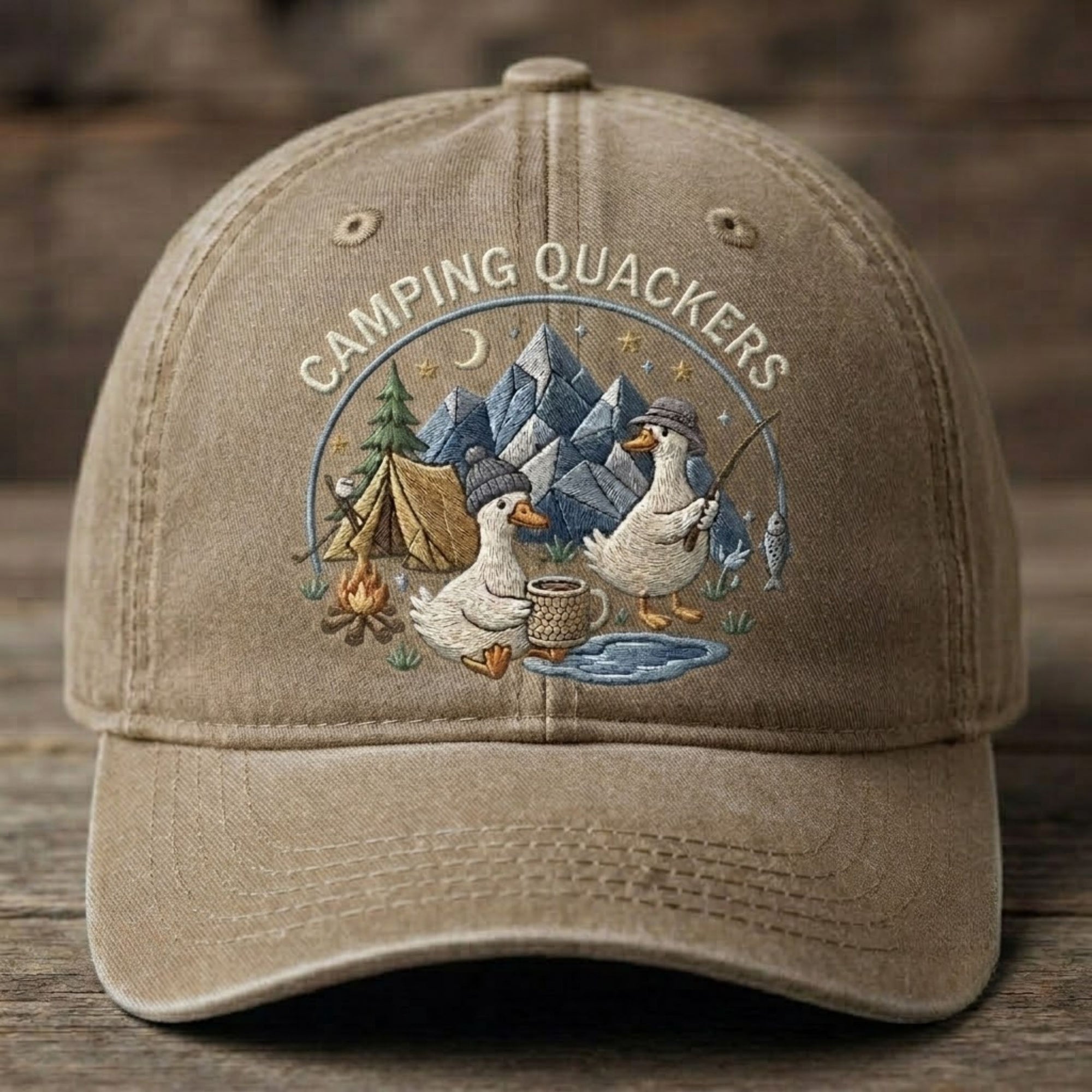 Camping Quackers Embroidered Baseball Cap - Cute Duck Camping Outdoor Adventure Hat