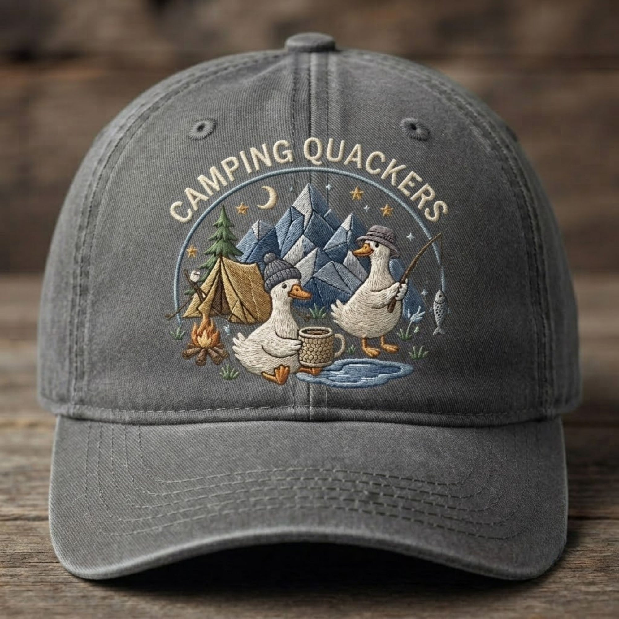 Camping Quackers Embroidered Baseball Cap - Cute Duck Camping Outdoor Adventure Hat