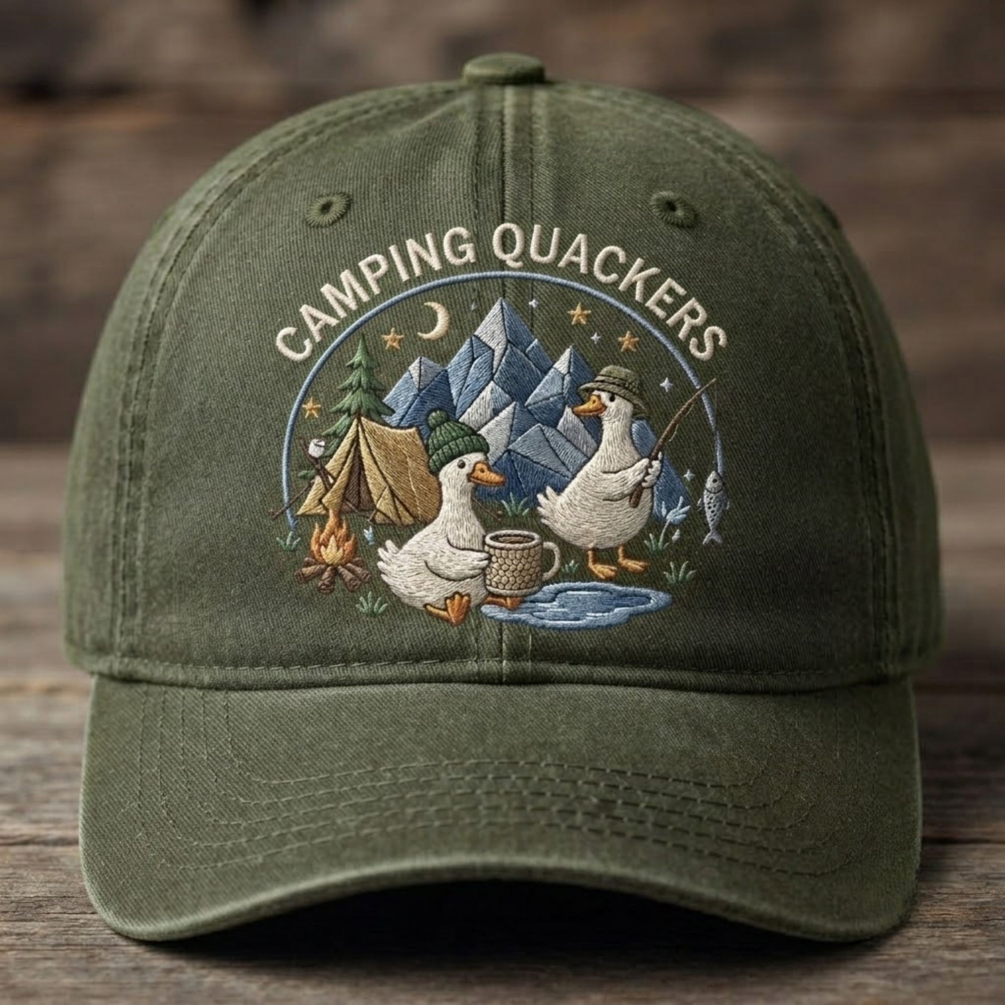Camping Quackers Embroidered Baseball Cap - Cute Duck Camping Outdoor Adventure Hat