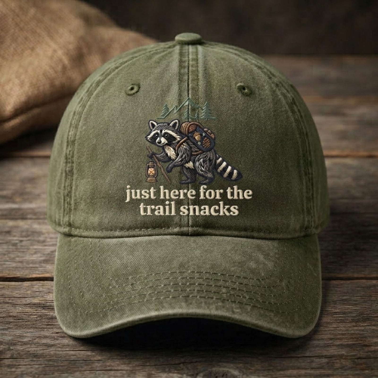 Just Here For The Trail Snacks Embroidered Baseball Cap - Funny Hiking Hat for Outdoor Adventure Lovers