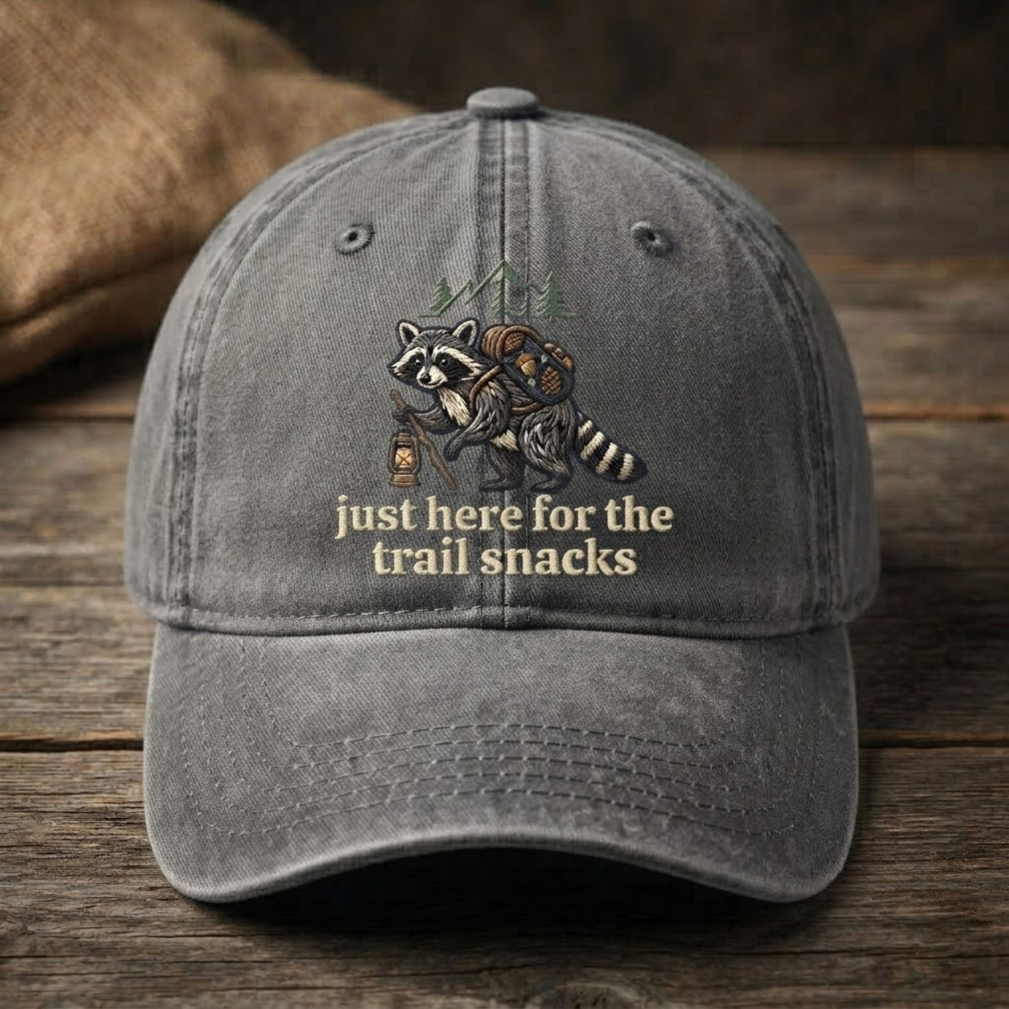 Just Here For The Trail Snacks Embroidered Baseball Cap - Funny Hiking Hat for Outdoor Adventure Lovers