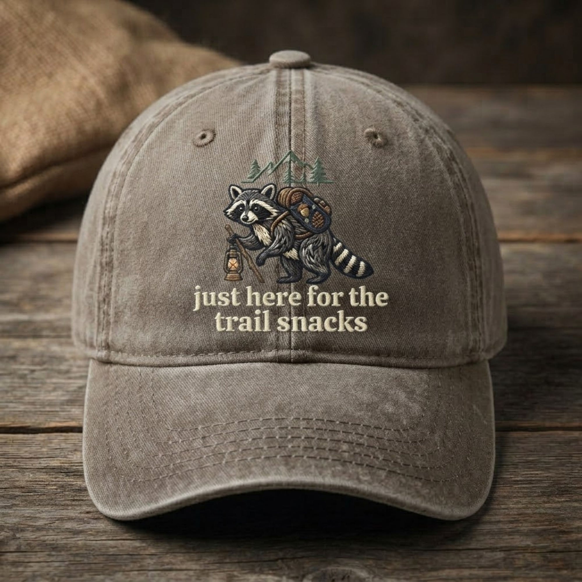 Just Here For The Trail Snacks Embroidered Baseball Cap - Funny Hiking Hat for Outdoor Adventure Lovers
