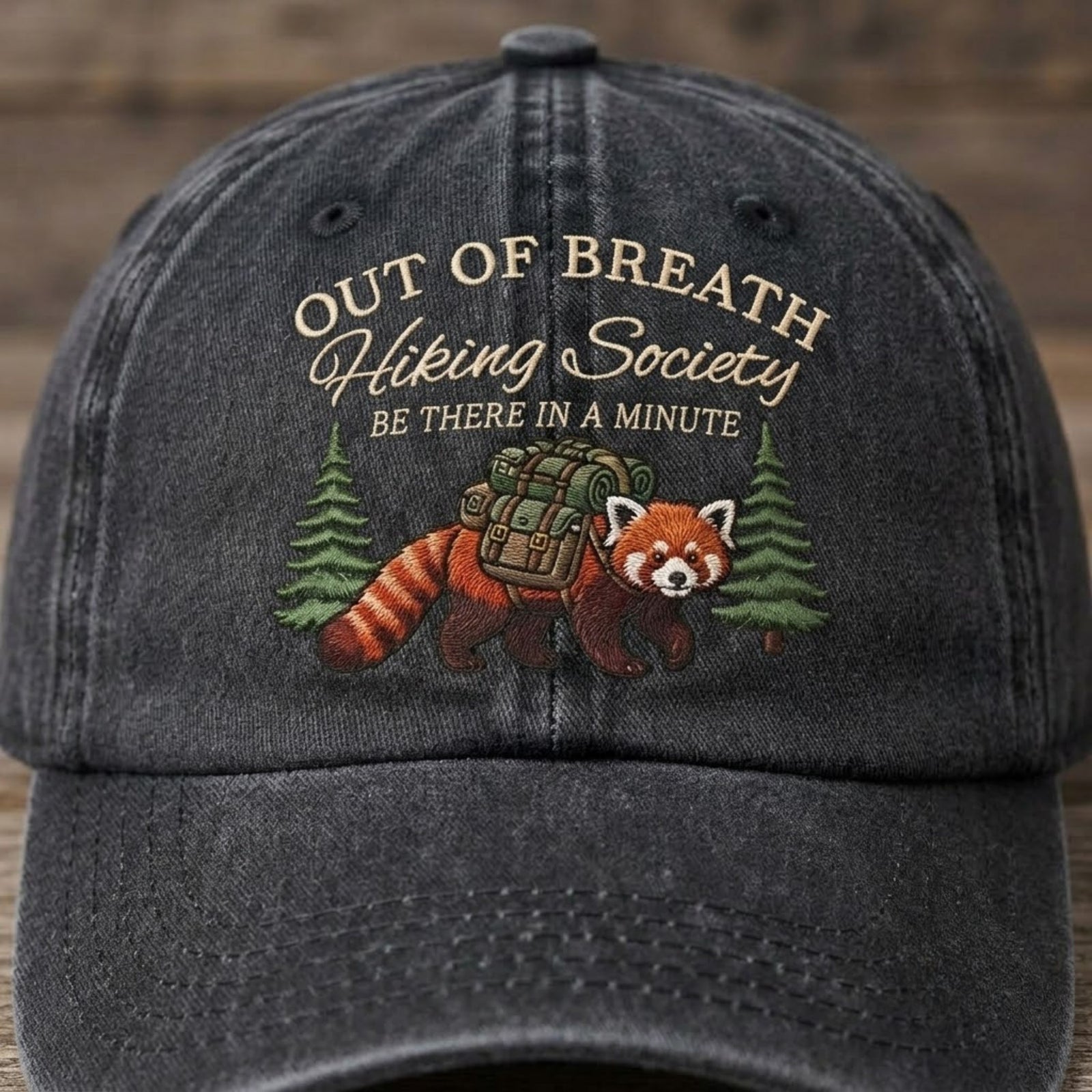 Out Of Breath Hiking Society Embroidered Baseball Cap - Cute Red Panda Adventure Hat for Outdoor Lovers