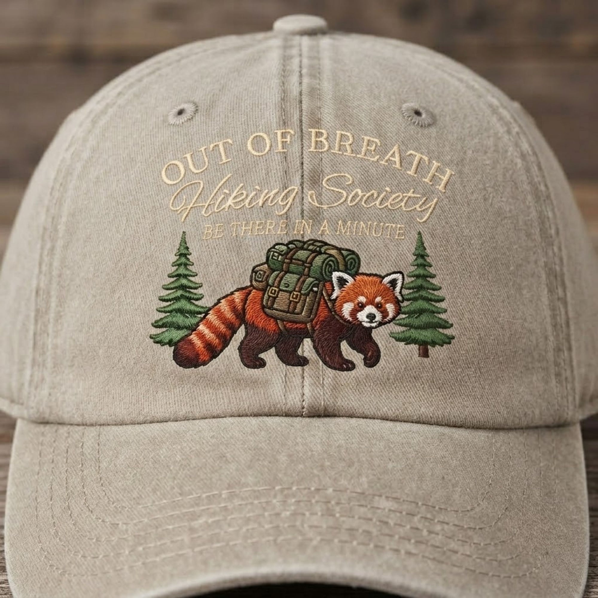 Out Of Breath Hiking Society Embroidered Baseball Cap - Cute Red Panda Adventure Hat for Outdoor Lovers