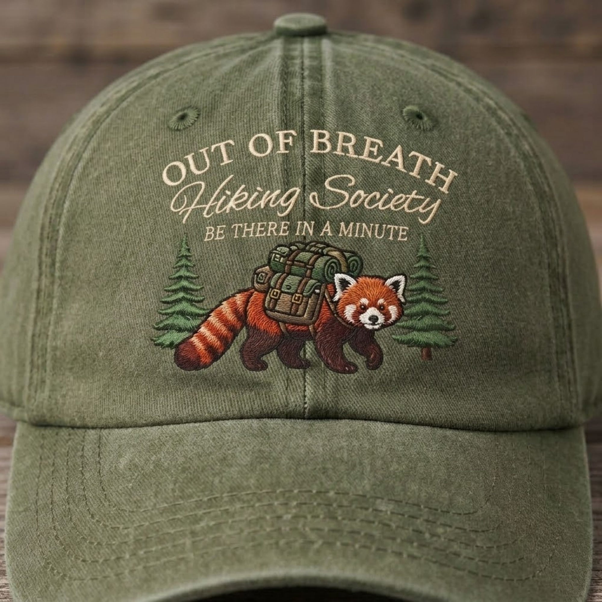 Out Of Breath Hiking Society Embroidered Baseball Cap - Cute Red Panda Adventure Hat for Outdoor Lovers