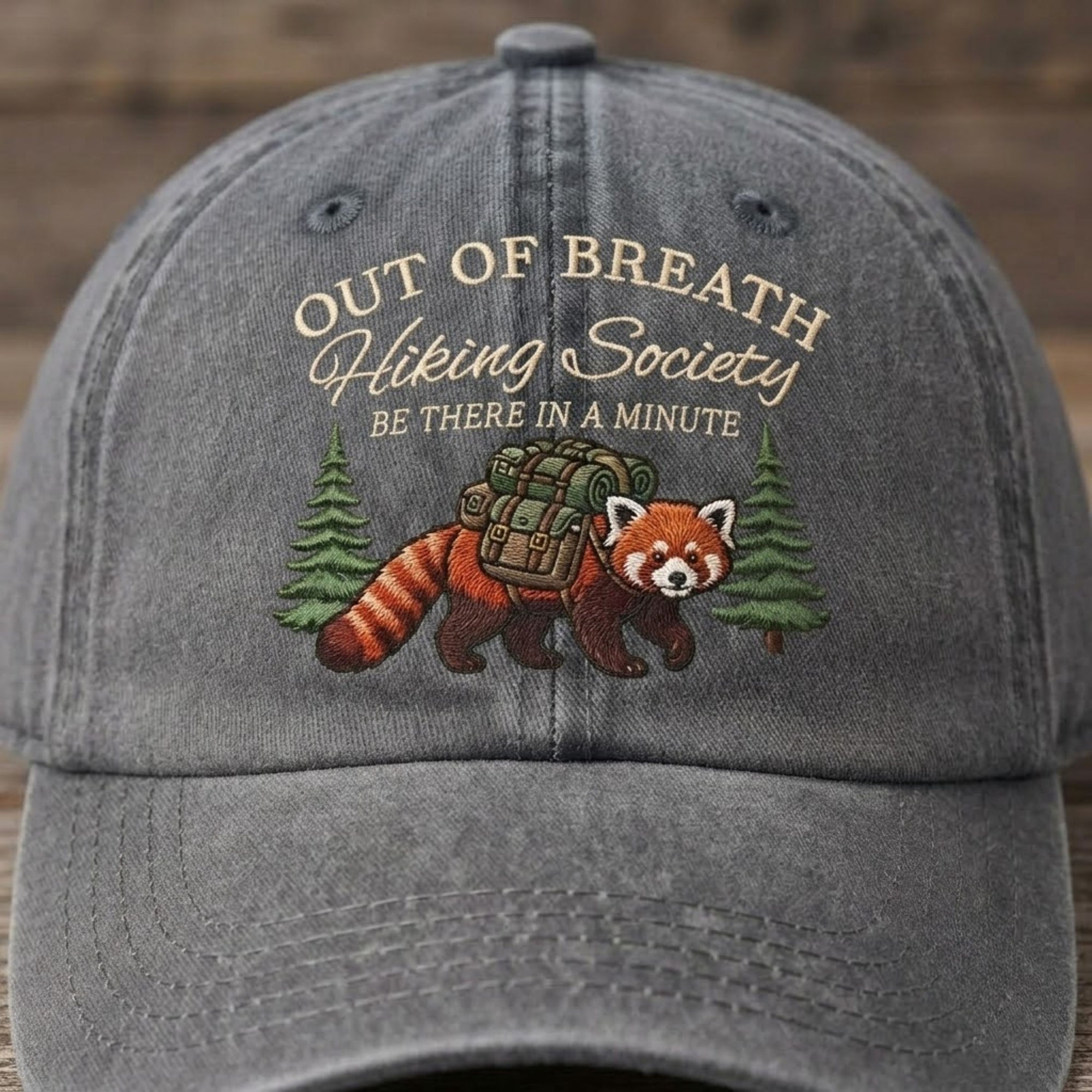 Out Of Breath Hiking Society Embroidered Baseball Cap - Cute Red Panda Adventure Hat for Outdoor Lovers