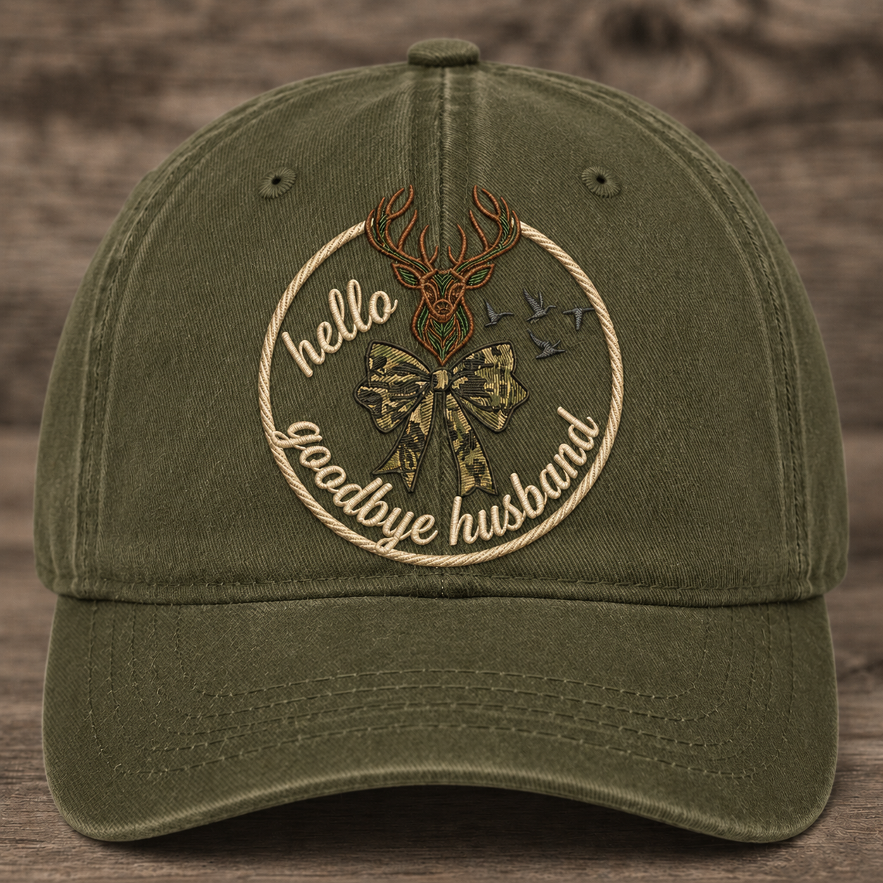 Hello Goodbye Husband Embroidered Baseball Cap - Vintage Deer Bow Outdoor Hat
