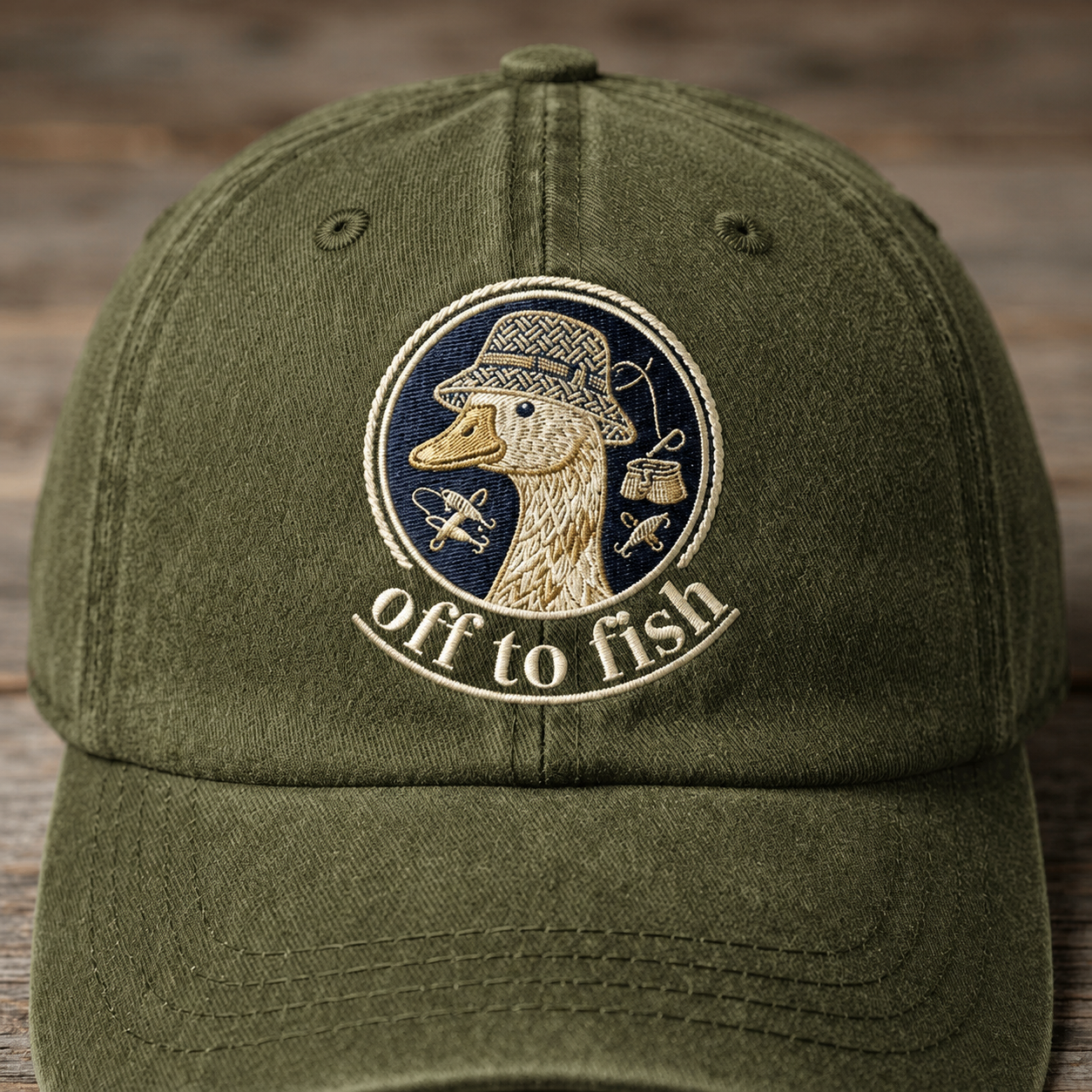 Off To Fish Embroidered Baseball Cap - Vintage Duck Fishing Outdoor Hat