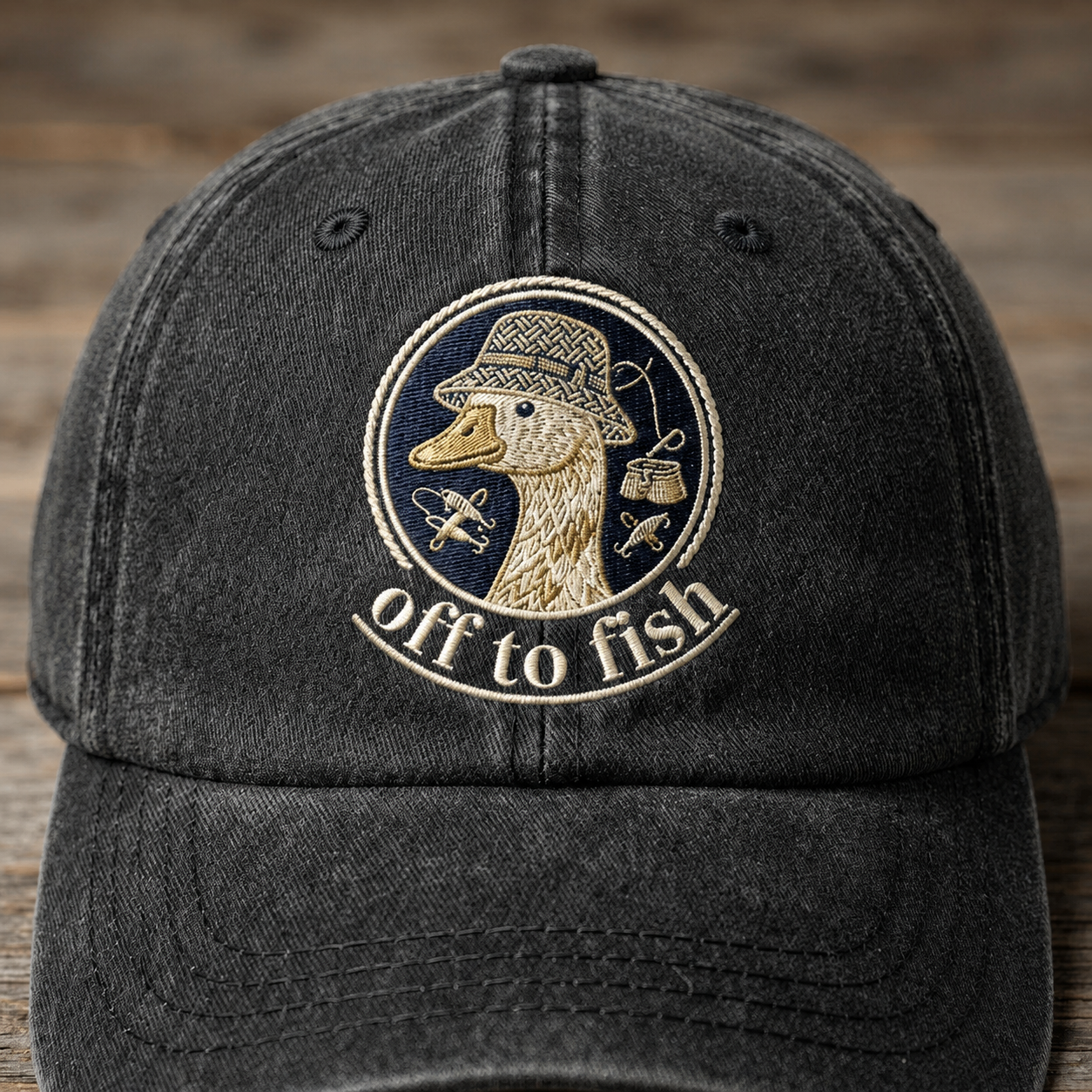 Off To Fish Embroidered Baseball Cap - Vintage Duck Fishing Outdoor Hat