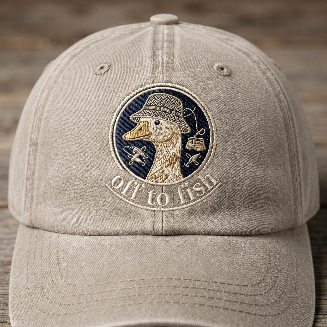 Off To Fish Embroidered Baseball Cap - Vintage Duck Fishing Outdoor Hat
