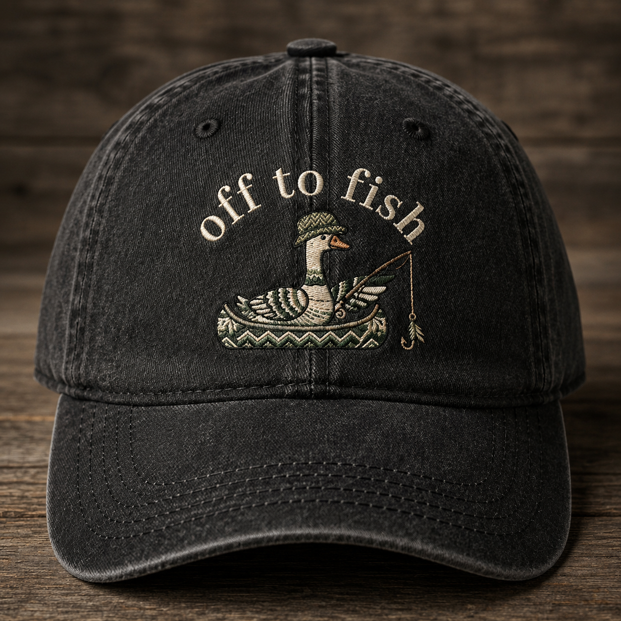 Off To Fish Embroidered Baseball Cap - Vintage Duck Fishing Outdoor Hat