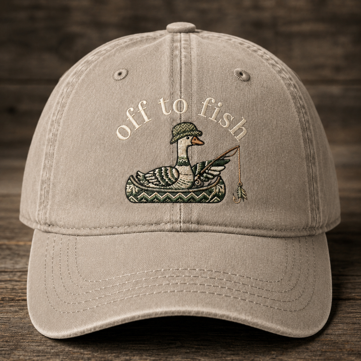 Off To Fish Embroidered Baseball Cap - Vintage Duck Fishing Outdoor Hat