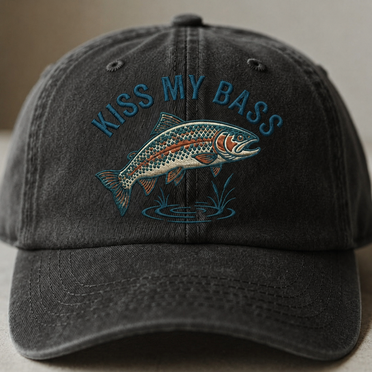 Kiss My Bass Embroidered Baseball Cap - Funny Fishing Trout Outdoor Hat