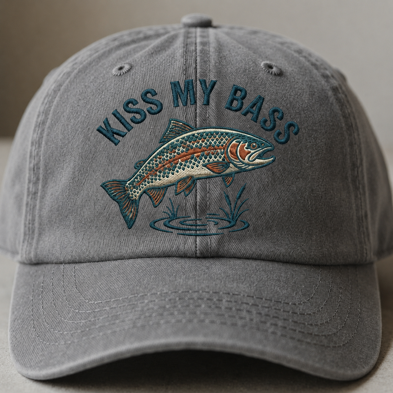Kiss My Bass Embroidered Baseball Cap - Funny Fishing Trout Outdoor Hat