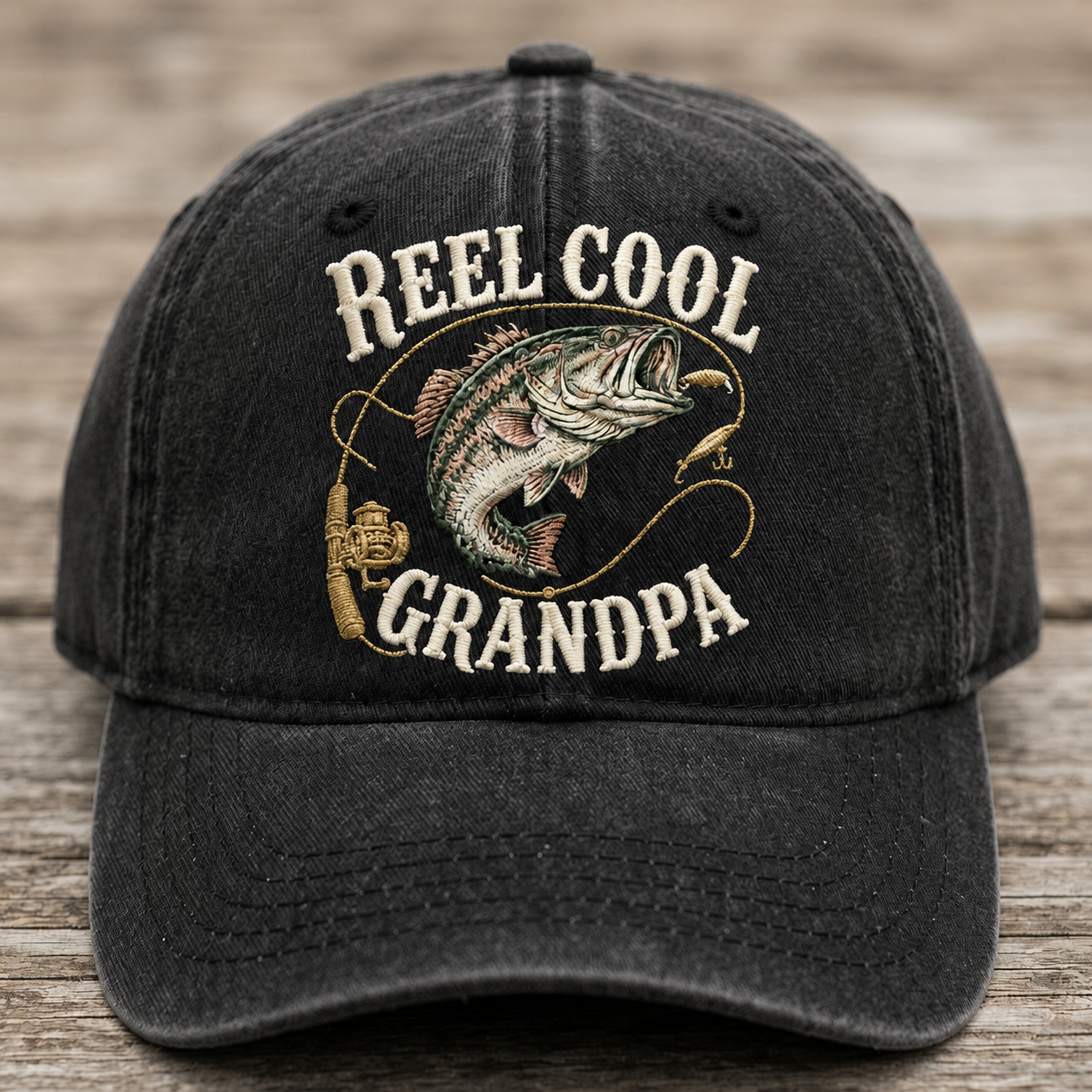 Reel Cool Grandpa Embroidered Baseball Cap - Bass Fishing Hat for Grandpa