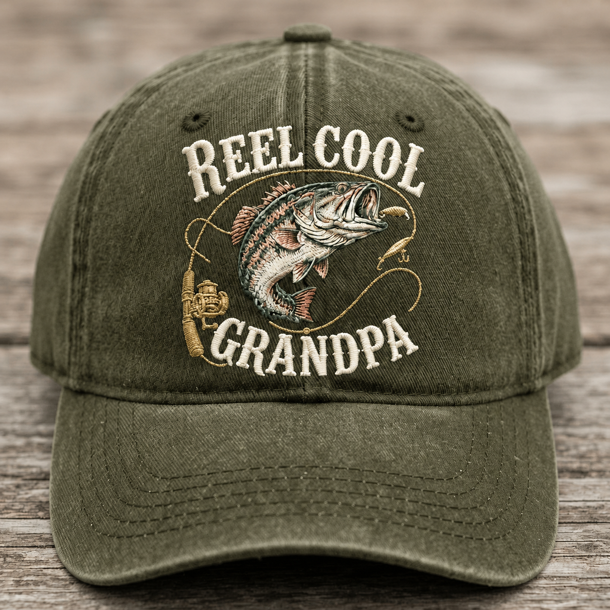 Reel Cool Grandpa Embroidered Baseball Cap - Bass Fishing Hat for Grandpa