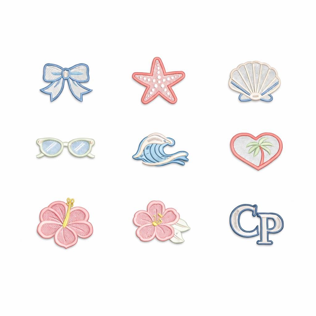 Preppy Beach Mini Embroidery Designs | Set of 9 Coastal Girly Icons | 1-3 Inch Machine Embroidery Files | Instant Digital Download
