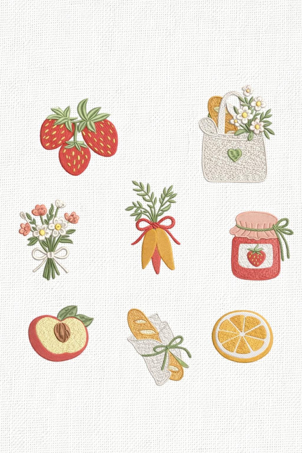 Farmers Market Chic Mini Embroidery Designs Set of 8 | Cottagecore Summer Icons 1–3 Inch | Digital Machine Embroidery Files