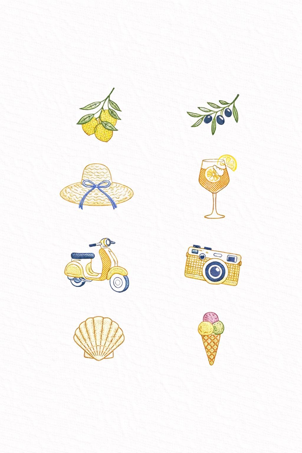 Italian Summer Mini Embroidery Design Set of 8 Lemon Vespa Straw Hat Olive Ice Cream Seashell Camera Cocktail Machine Embroidery Files