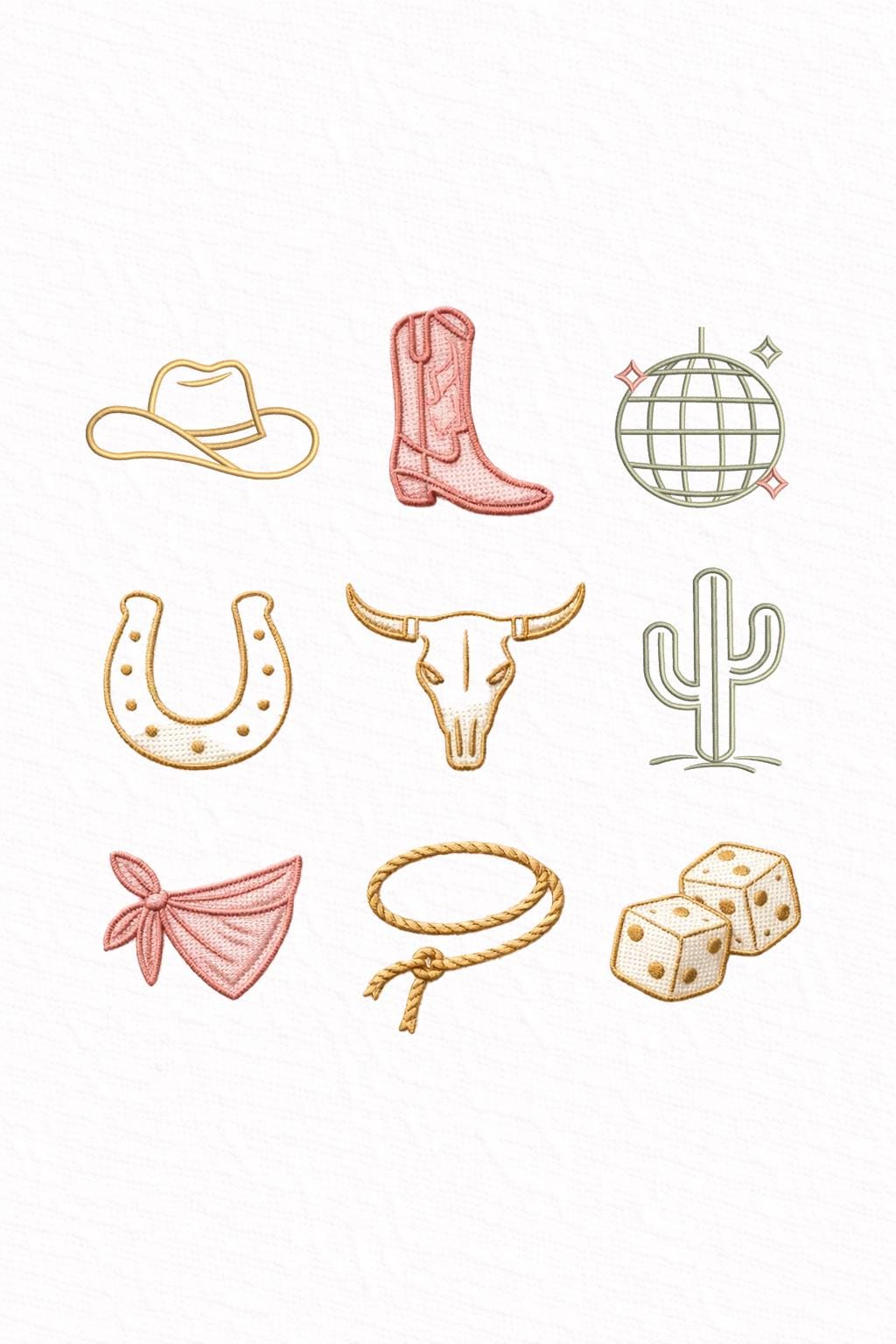 Western Rodeo Mini Embroidery Design Set of 9, Cowboy Hat Boot Horseshoe Cactus Dice Icons, Cowgirl Western Machine Embroidery Files