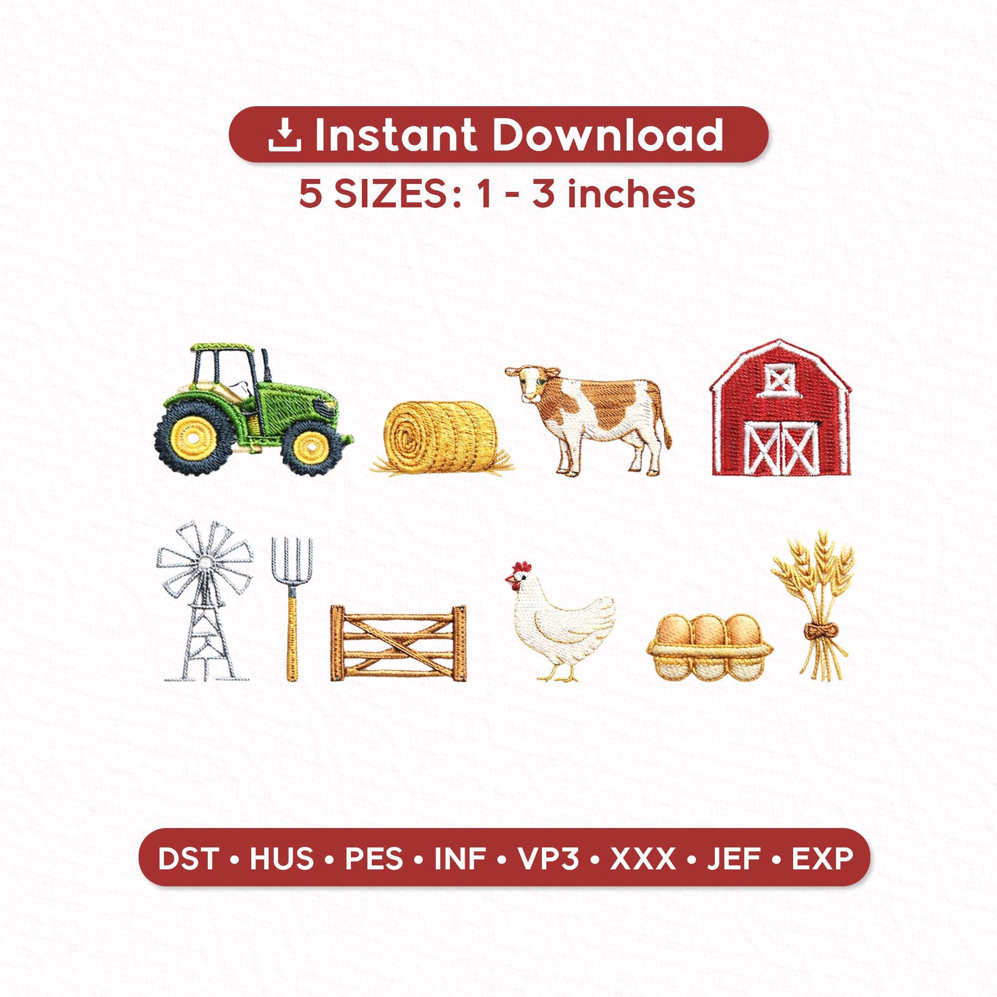 Farm Mini Embroidery Design Set of 10, Tractor Barn Cow Chicken Farm Icons, Country Farm Machine Embroidery Files, Instant Download