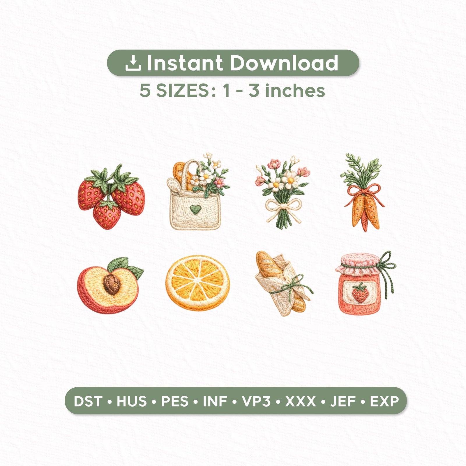 Farmers Market Chic Mini Embroidery Designs Set of 8 | Cottagecore Summer Icons 1–3 Inch | Digital Machine Embroidery Files